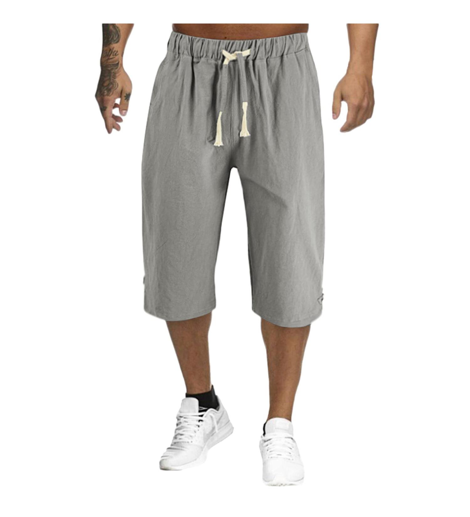 CEWIFO Men's Slip Pants - Lightweight Cotton Linen Trousers Calf Cord Shorts Simple Gray Sports Shorts for Men - Buy Online on GoSupps.com