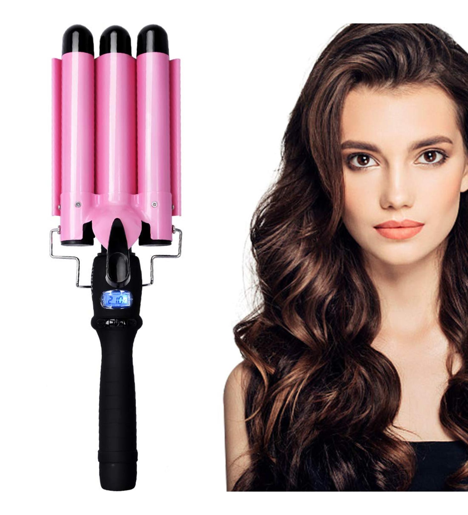 Buy 3 Barrel Waver Iron - Professional Ceramic Hair Curler with LCD Display | Pink Hair Styling Tool for Gorgeous Waves - International Shipping Available - Buy Online on GoSupps.com