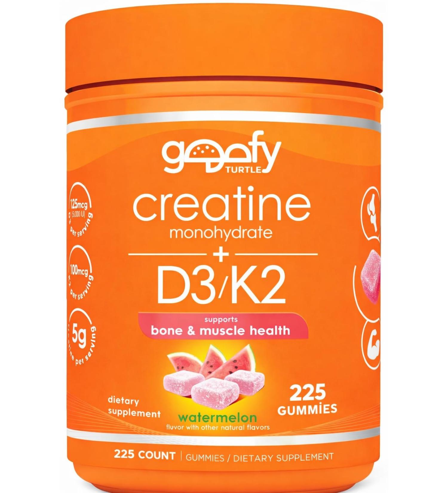 Creatine Monohydrate + D3 K2 Gummies (225 Count. Value Pack) - Muscle Bone & Performance Support - Watermelon Flavor - Goofy Turtle