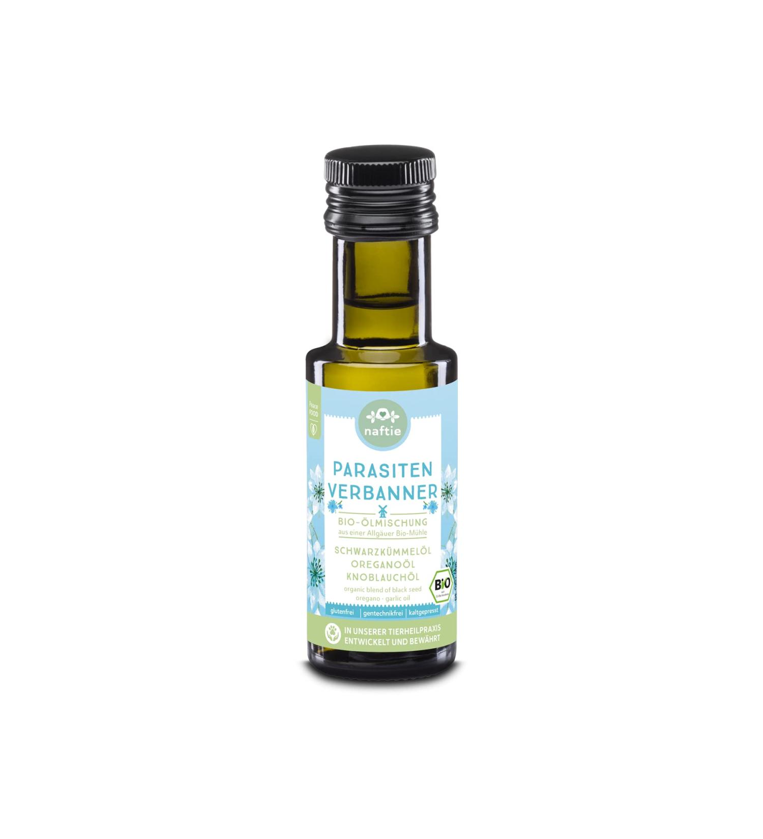 NAFTIE BIO Oil for Dogs - Organic Parasite Control with Black Cumin Garlic & Oregano - 100ml Feeding Oil Blend - Buy Online on GoSupps.com