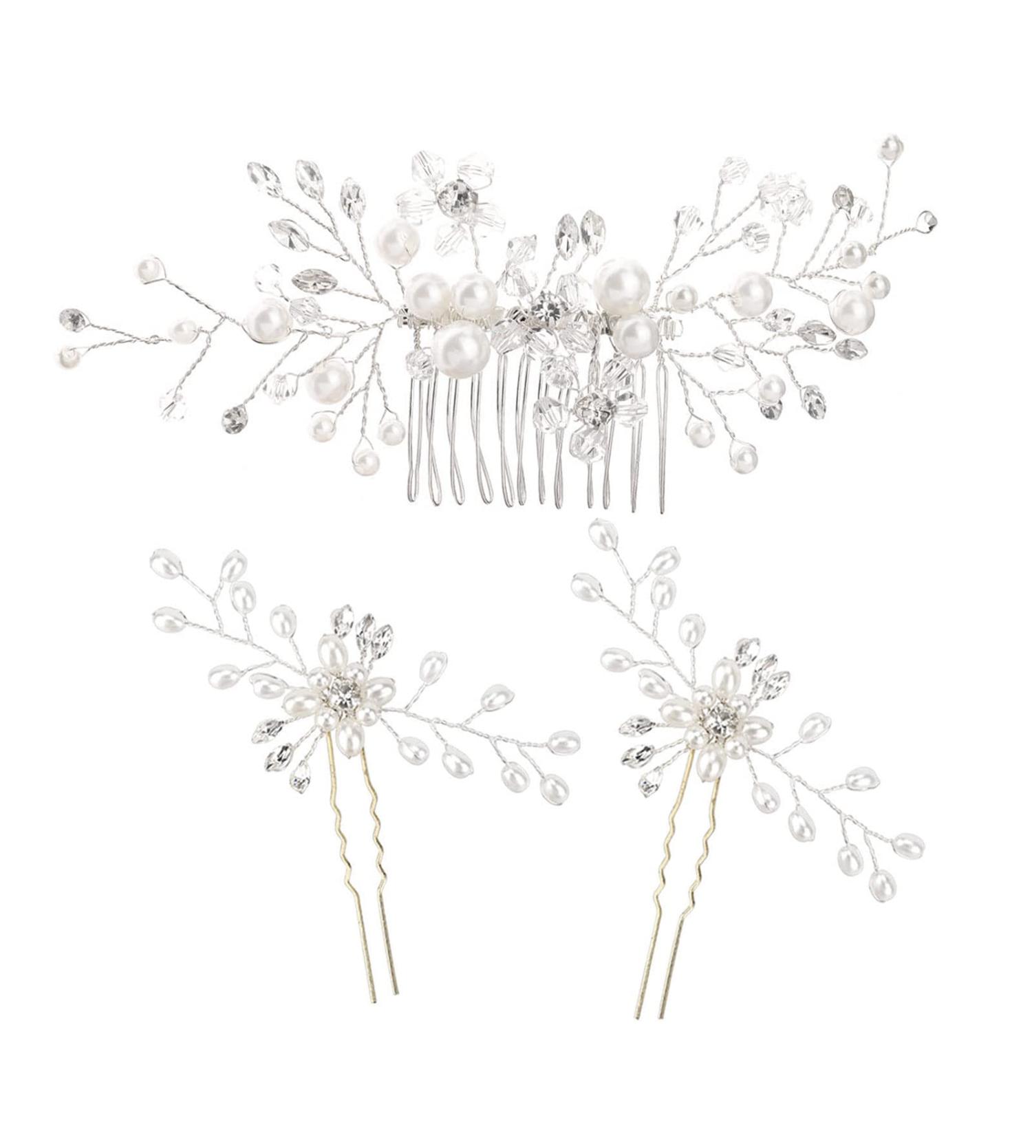 Howaf 3 Hair Combs for Wedding | Crystal & Pearl Bridal Jewelry | Elegant Headdress for Brides - Buy Online on GoSupps.com