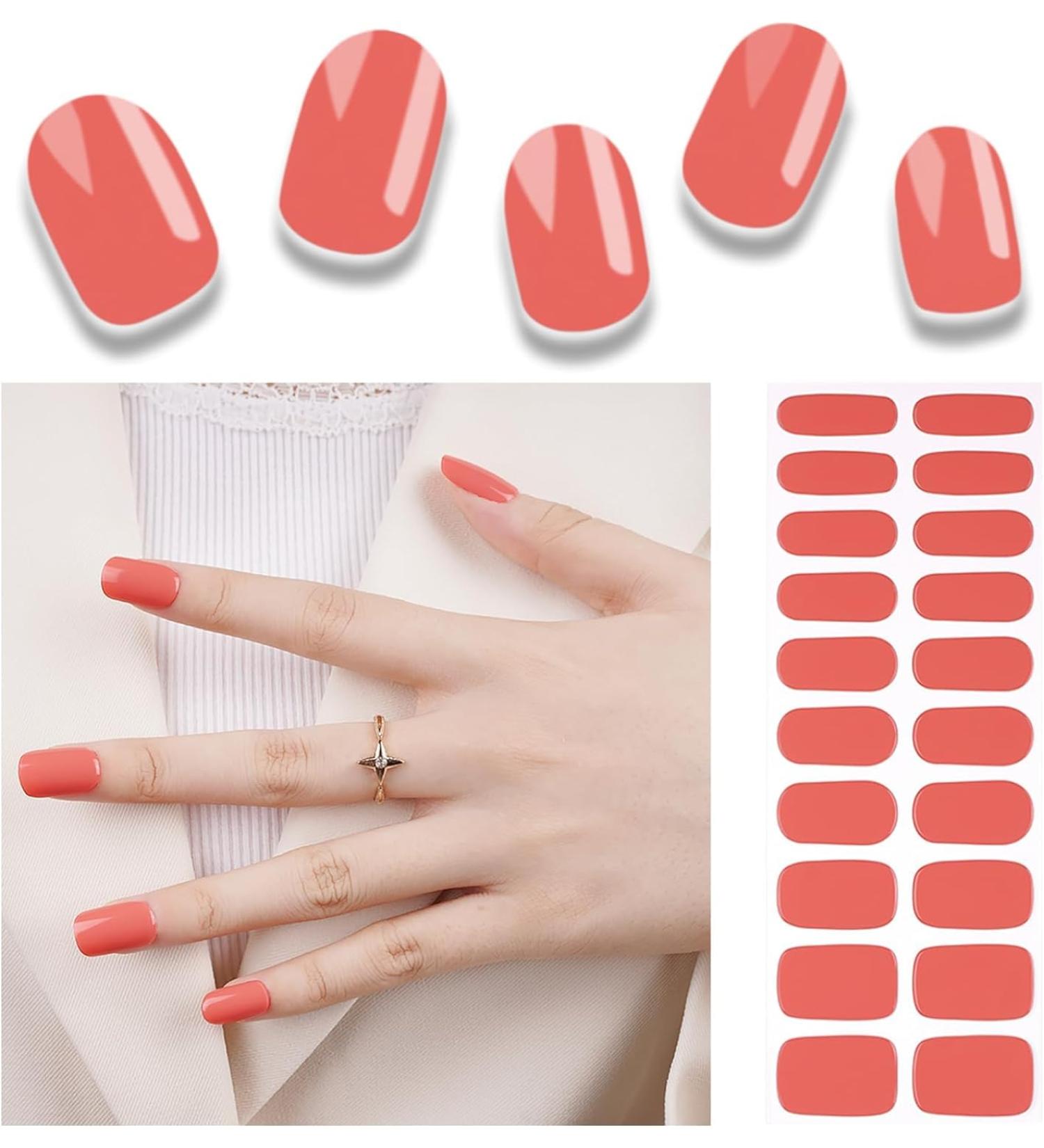 Foyute Semi Cured Gel Nail Strips 20 Pcs Soft Self-Adhesive Gel Nail Polish Wraps Sticker for Salon-Quality Manicure Set Long Lasting Easy to Apply & Remove Nail File & Wooden Stick (Orange) - Buy Online on GoSupps.com
