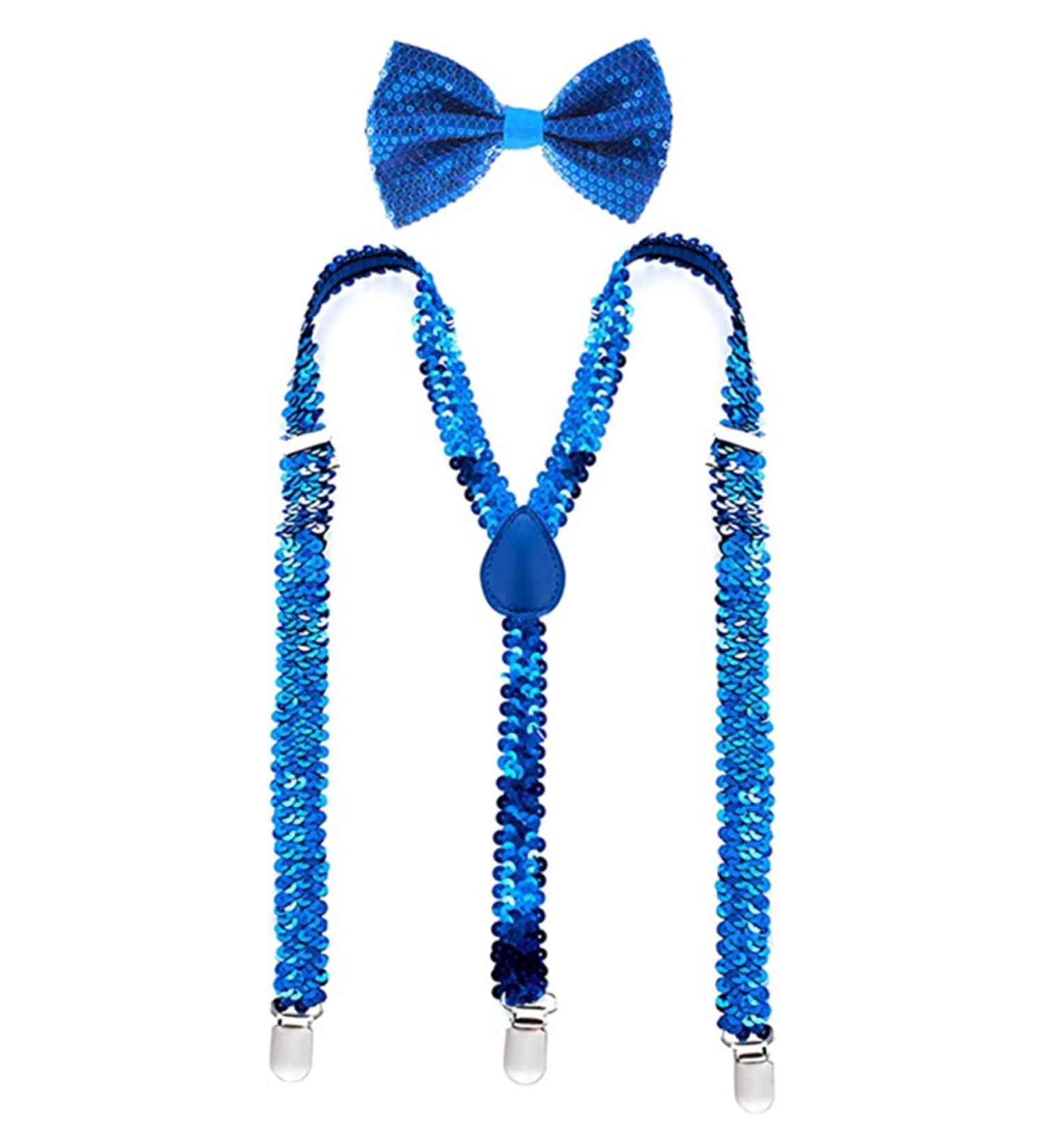 YUANZ Sequin Bow Tie & Suspenders Set - Y-Back Adjustable Unisex - Perfect for Cosplay & Parties (Blue) - Buy Online on GoSupps.com