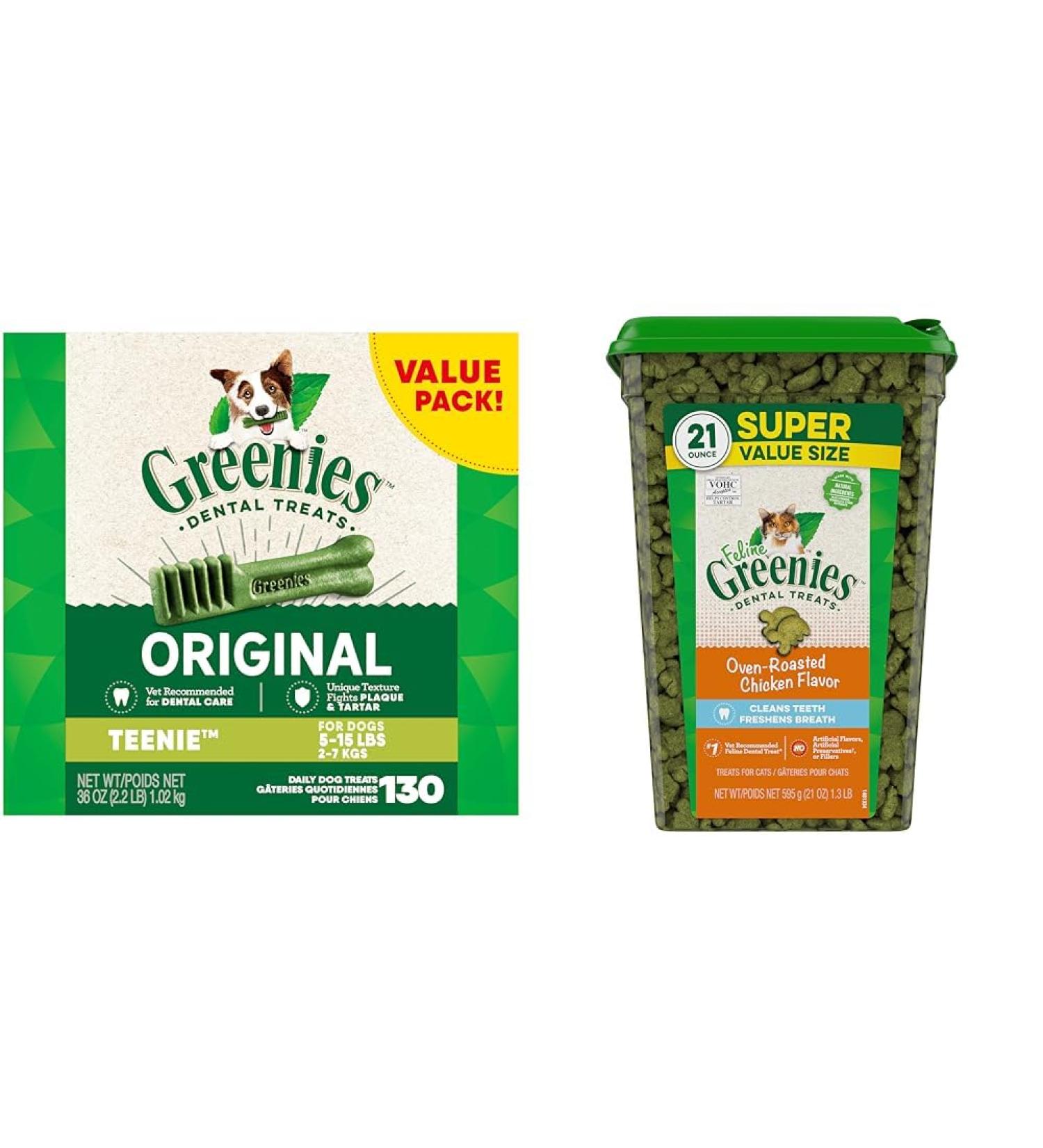 GREENIES Adult Dog Treats Original TEENIE Natural Dental Care (130 Treats) 36oz. Pack & FELINE Cat Treats Adult Natural Dental Care Oven Roasted Chicken Flavour 21oz. Tub - Buy Online on GoSupps.com