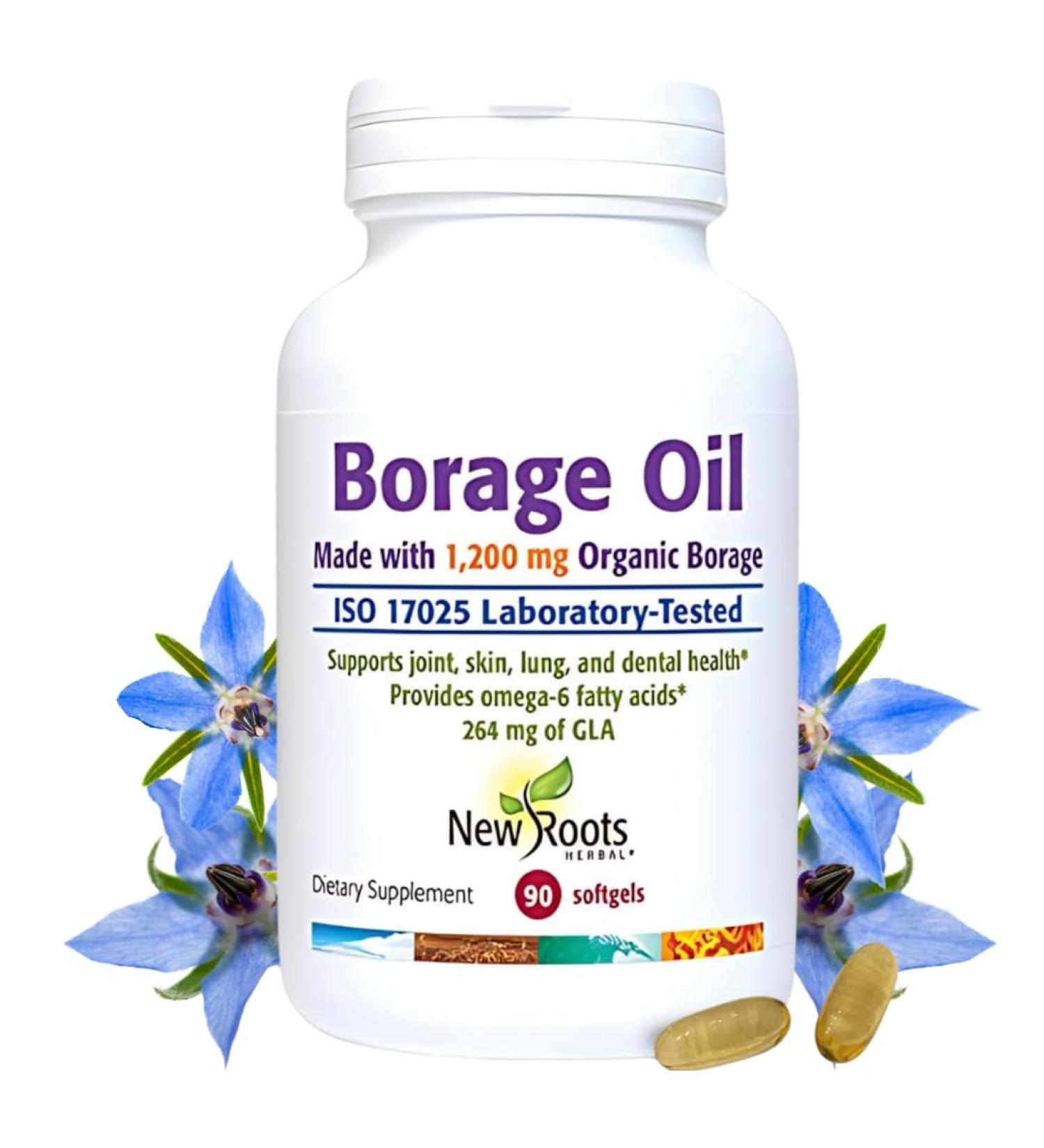 NEW ROOTS HERBAL Borage Oil Supplement 1200 mg | GLA Supplement (264mg) with Linoleic Acid (444mg) | Borage Seed Oil Cold-Pressed 100% Hexane-Free for Skin & Hair (90 softgels) Borage Oil 90CT 1200Mg - Buy Online on GoSupps.com
