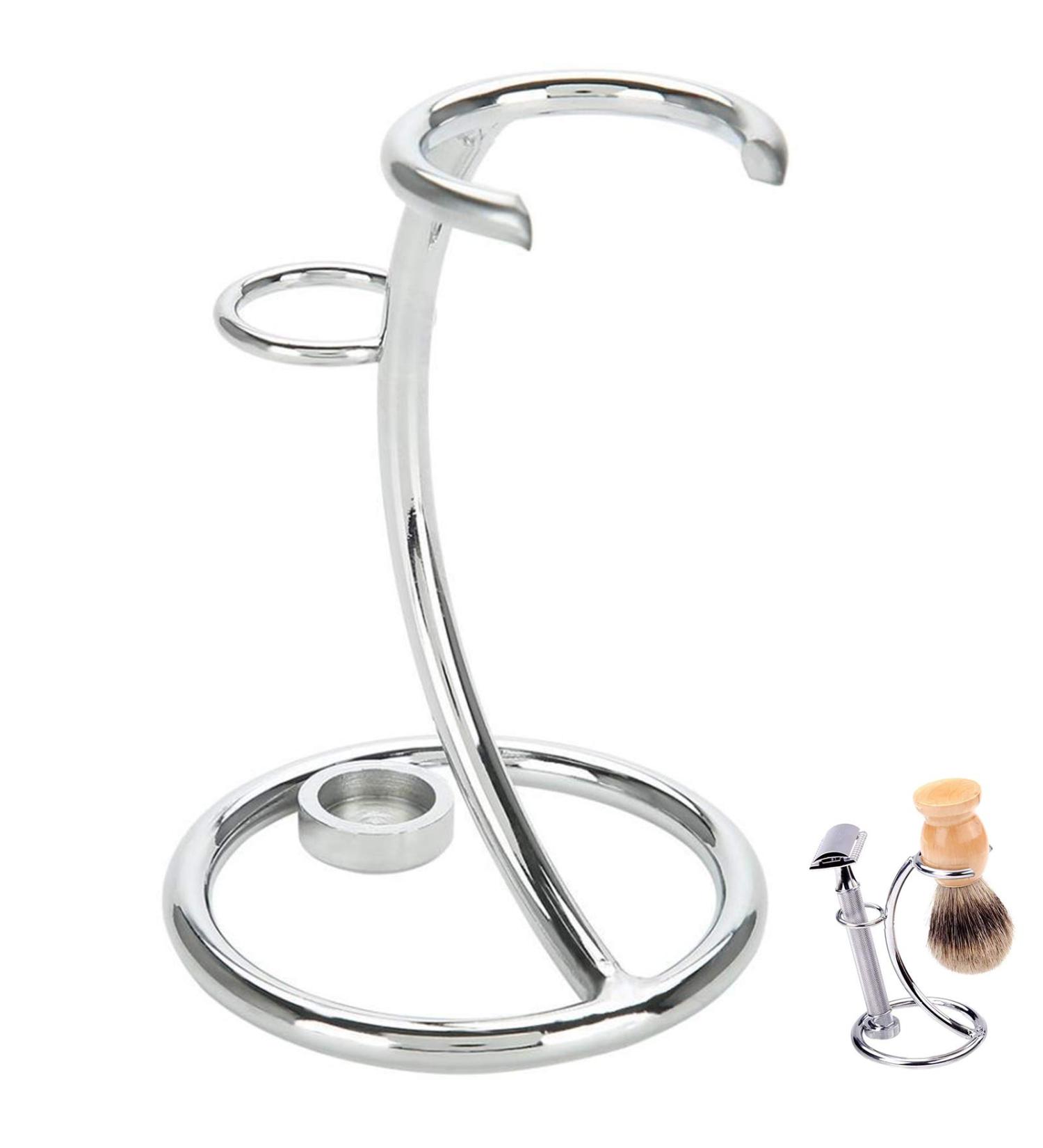 Premium Metal Shaving Brush Holder Stand - 2 in 1 Curved Design for Razor & Brush - Portable Universal Men's Facial Care Accessory - Silver - Buy Online on GoSupps.com