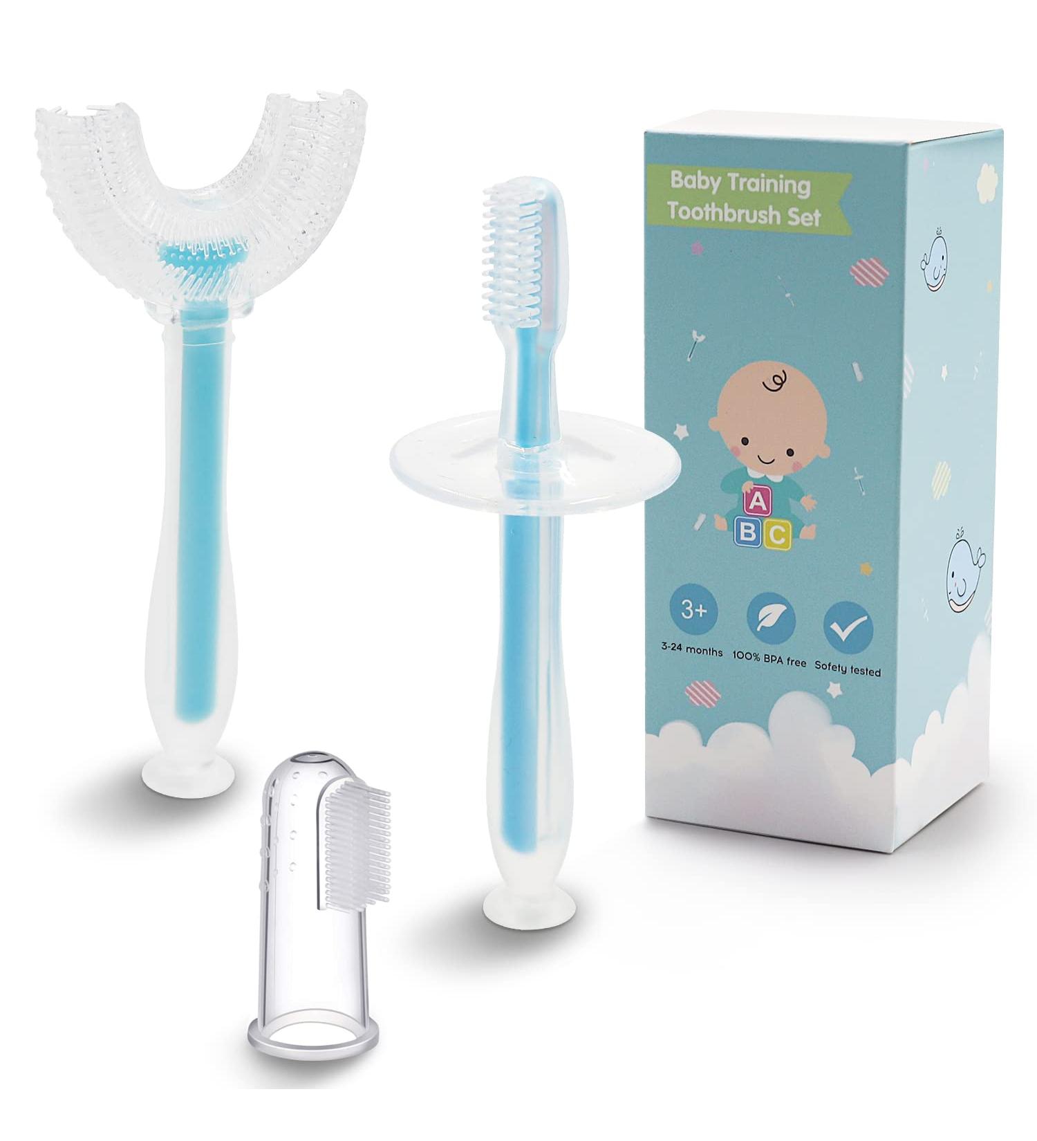 3-in-1 Baby Training Toothbrush Set - Silicone Oral Care Toothbrush for Infants & Toddlers - Extra Soft Bristles, Food Grade, 0-24 Months (3 Pack, Blue) - Buy Online on GoSupps.com