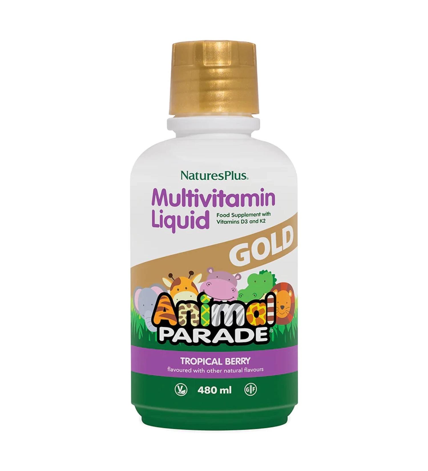 NaturesPlus Animal Parade Gold Children's Liquid Multivitamin 16 fl oz - Natural Tropical Berry Flavor | Immune Support Supplement | Gluten Free Vegan - Buy Online on GoSupps.com