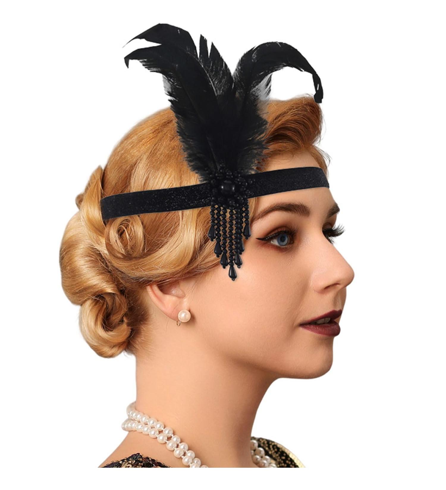 Handcess 1920s Flapper Feather Headband Black Feather Beaded Headband Women's Vintage Flapper Headpiece 20's Theme Cocktail Hair Accessories for Costume Prom Carnival Theme Party - Buy Online on GoSupps.com