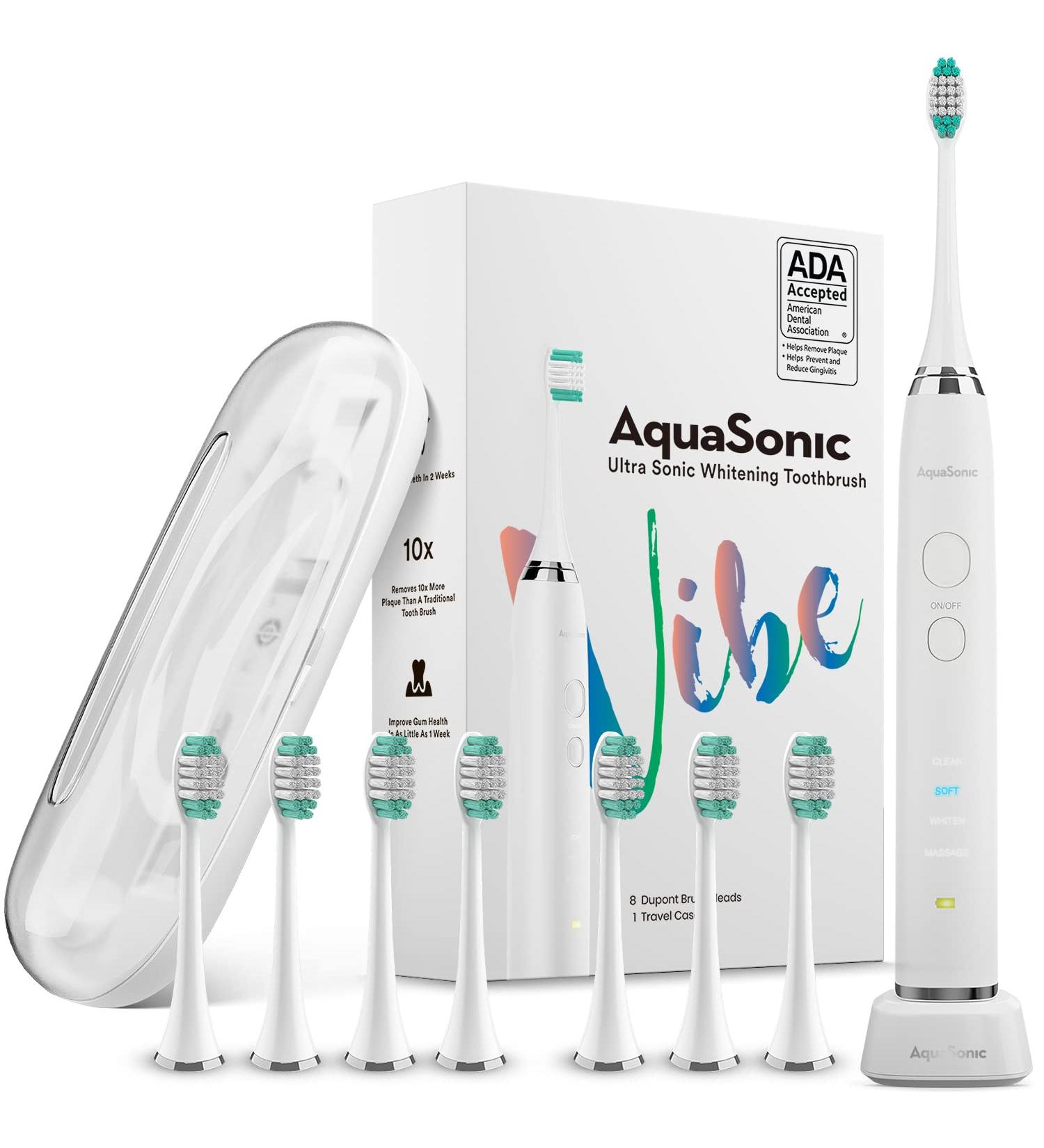 AquaSonic Vibe Ultra Whitening Toothbrush | 8 Brush Heads, Travel Case, Sonic Motor, Wireless Charging - Buy Online on GoSupps.com