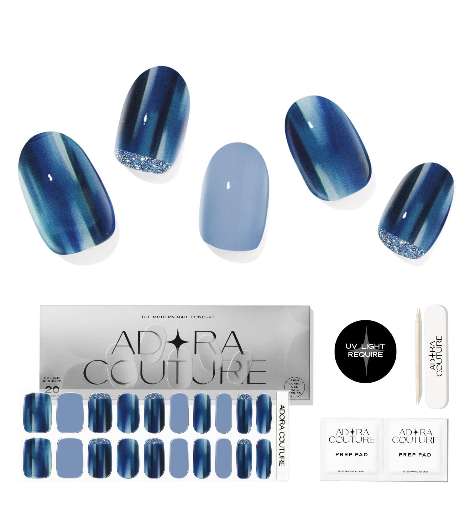 Adora Couture Blue Glossy Glitter Gel Nail Strips - Reverse French Nails| Salon-Quality Stick On Nails | UV Required | England Royal - Buy Online on GoSupps.com