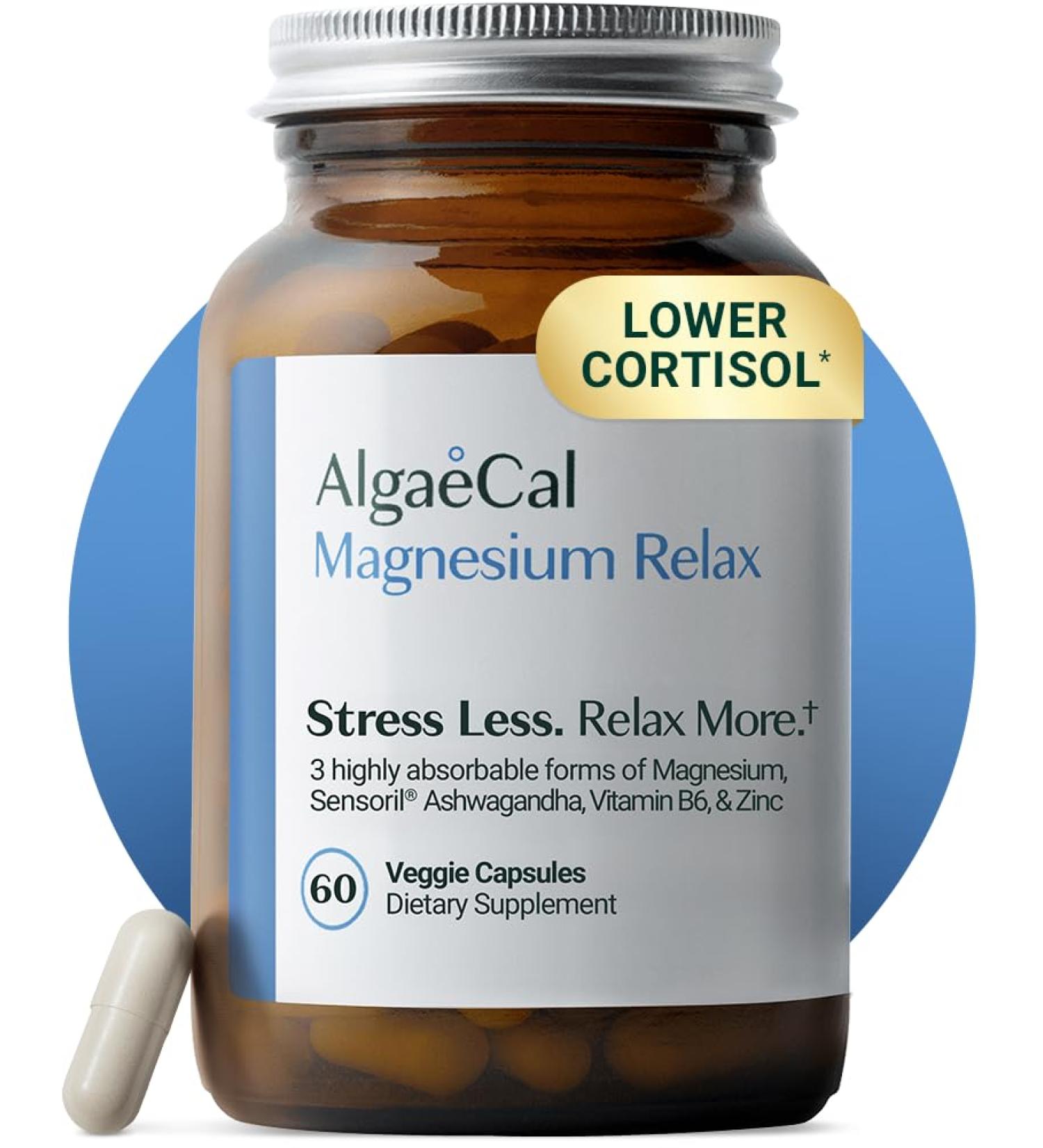 AlgaeCal Magnesium Relax - Chelated Magnesium with Ashwagandha for Sleep & Occasional Anxiety - Glycinate Malate Citrate - Sleep Mood & Cortisol Support (60 Caps - 1 Month Supply) 60 Count (Pack of 1) - Buy Online on GoSupps.com