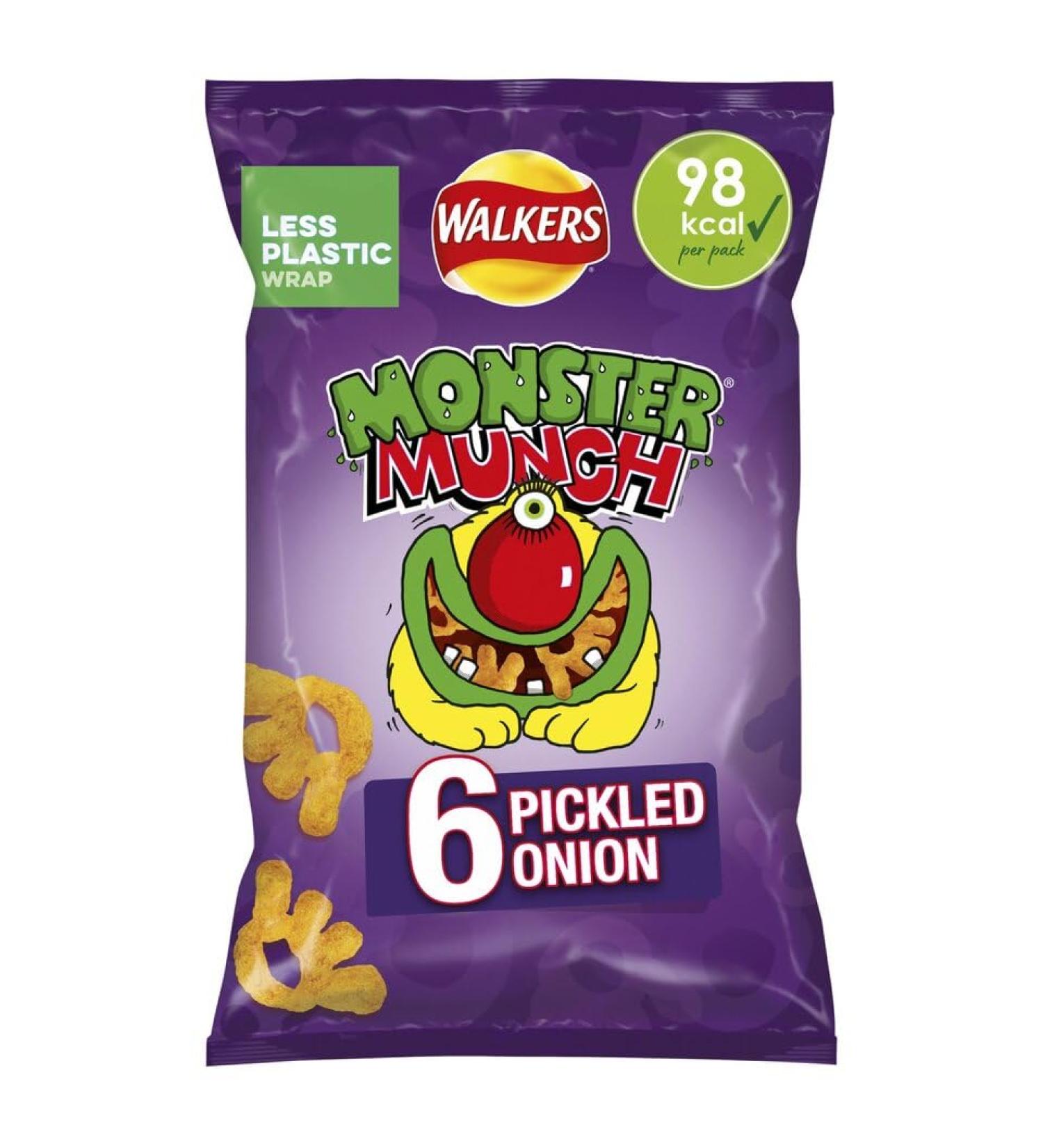 Walkers Monster Munch Pickled Onion Multipack Crisps 6x20g | Pickled Onion Flavour Baked Corn Snacks | Suitable for vegetarians | Baked not fried and contain no artificial colours - Buy Online on GoSupps.com