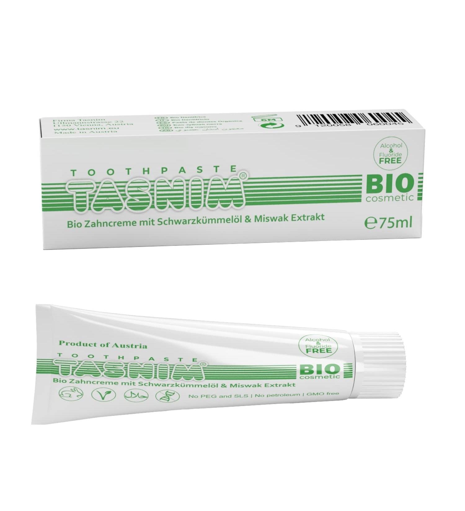 Organic Toothpaste Tasnim 75ml - Fluoride-Free Natural Miswak & Black Cumin Oil GMO-Free Biocosmetics - Buy Online on GoSupps.com