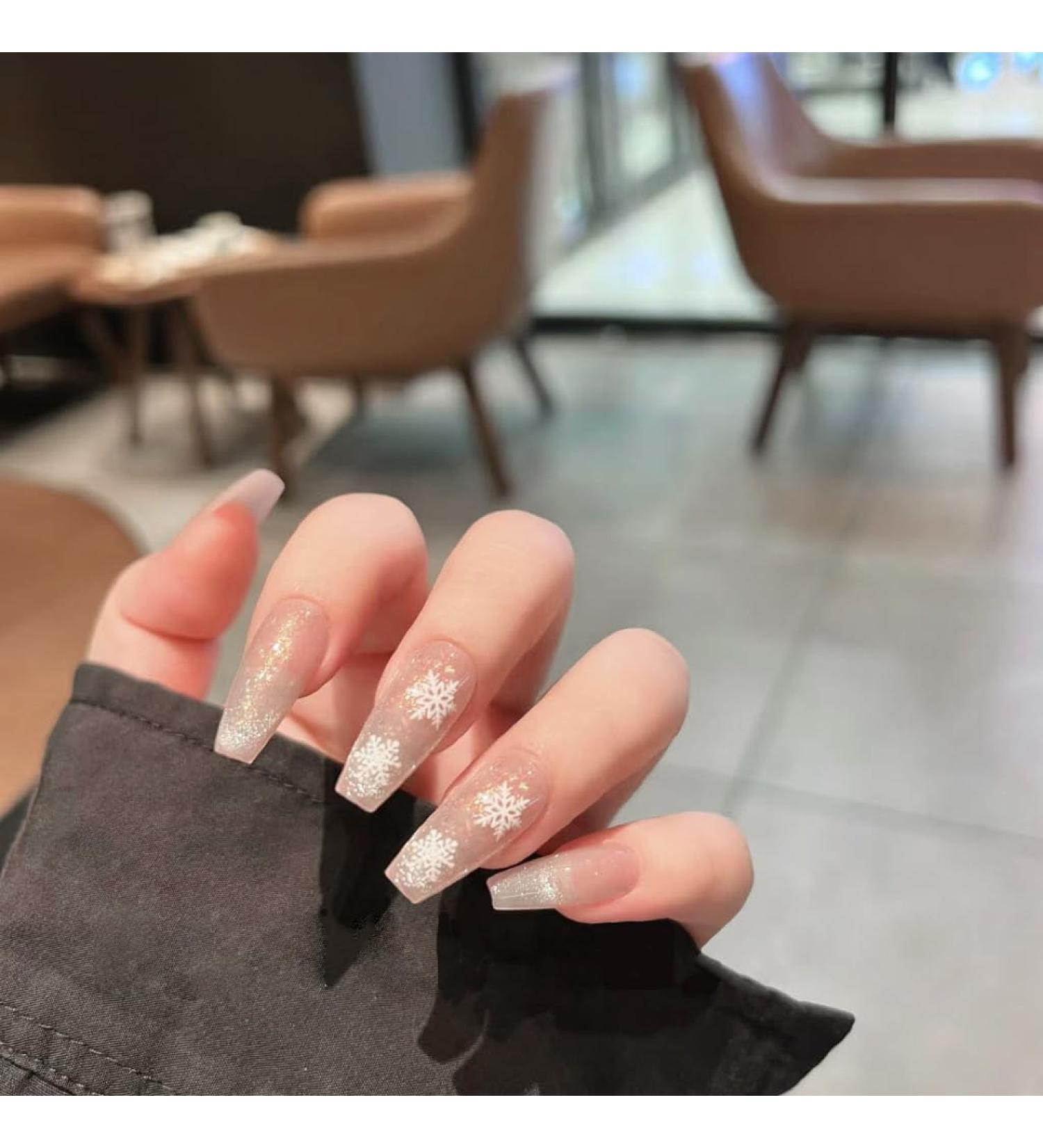 French Cat Eye Snowflake False Nail Press on Nails Design Glossy nake pink press on nails Acrylic False Nails Cute Artificial Nails - Buy Online on GoSupps.com