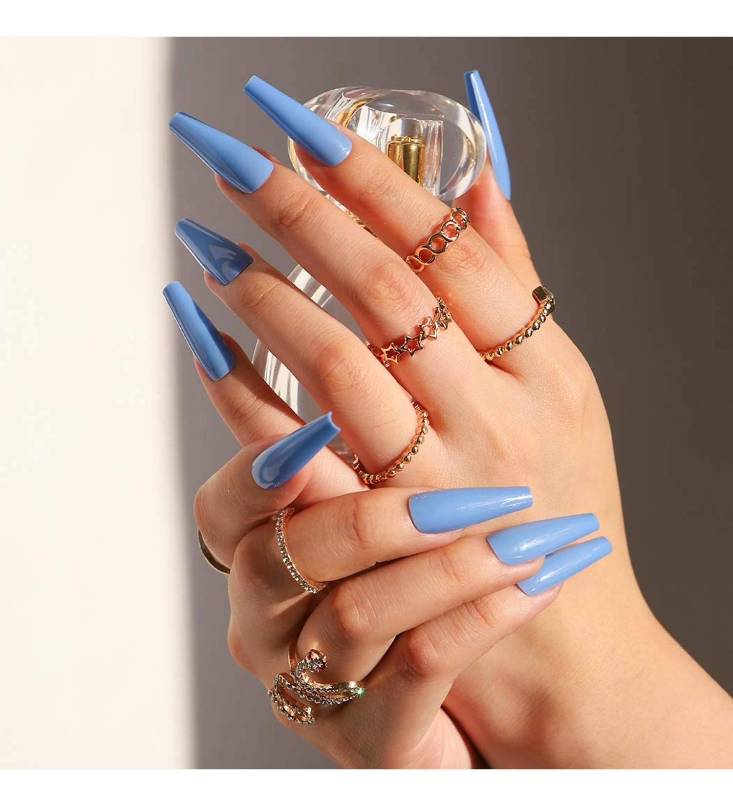 Buy Sethain Shiny Blue Ballerina False Nails - Long Coffin Press On Nails for Women & Girls | International Shipping Available - Buy Online on GoSupps.com