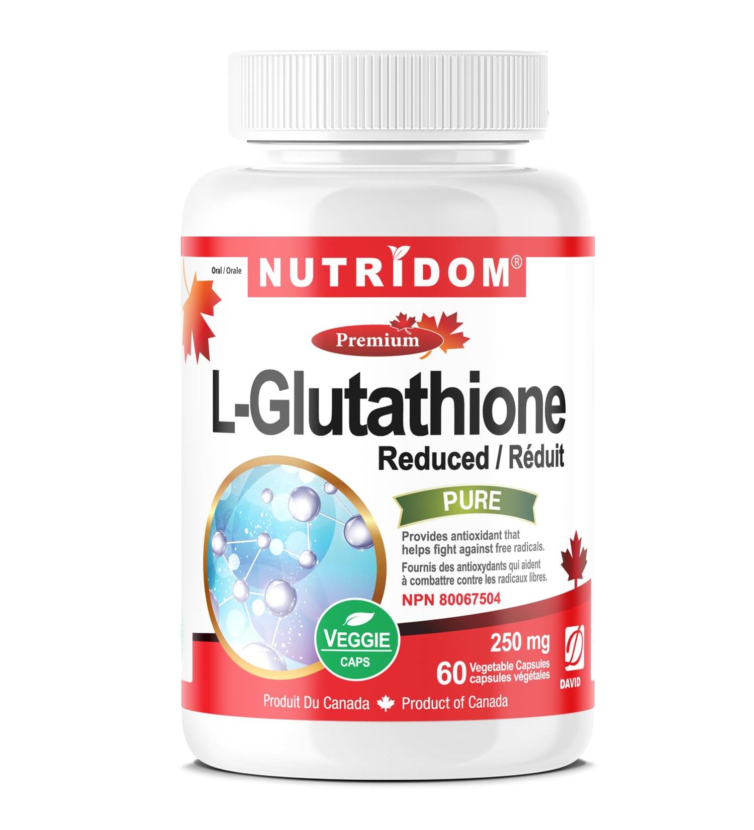 Nutridom L-Glutathione 250mg Reduced Glutathione Supplement for Antioxidant Support Non-GMO Vegan Gluten-Free Soy-Free Dairy-Free No Additives & Fillers (60 Veggie Capsules) - Buy Online on GoSupps.com