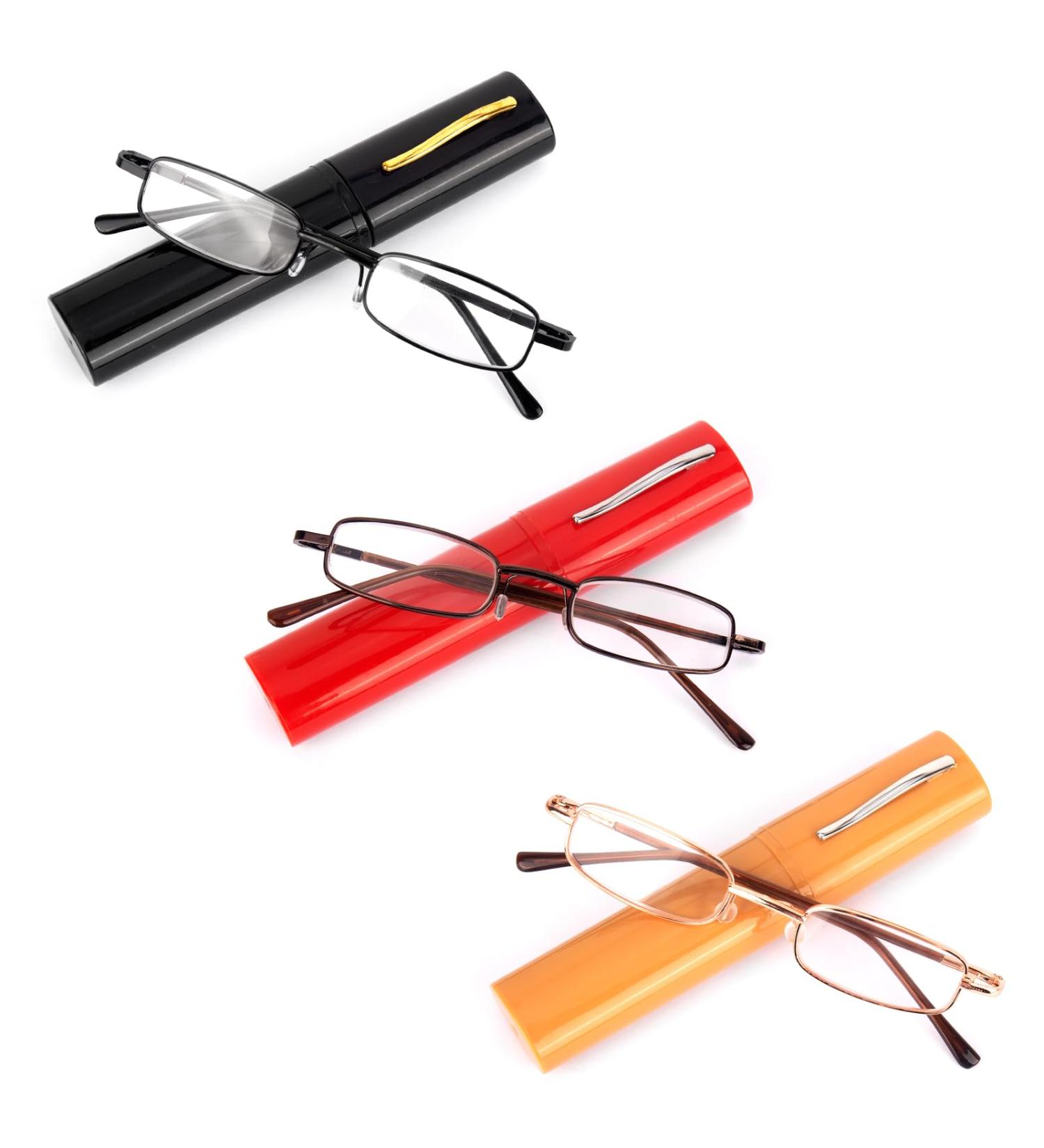 Rucudim 3 Pairs Metal Reading Glasses - Men's Women's Anti-Blue Light Mini Narrow Design Spring Hinge 1.50 Reading Aid with Case (Black Yellow Red) - Buy Online on GoSupps.com