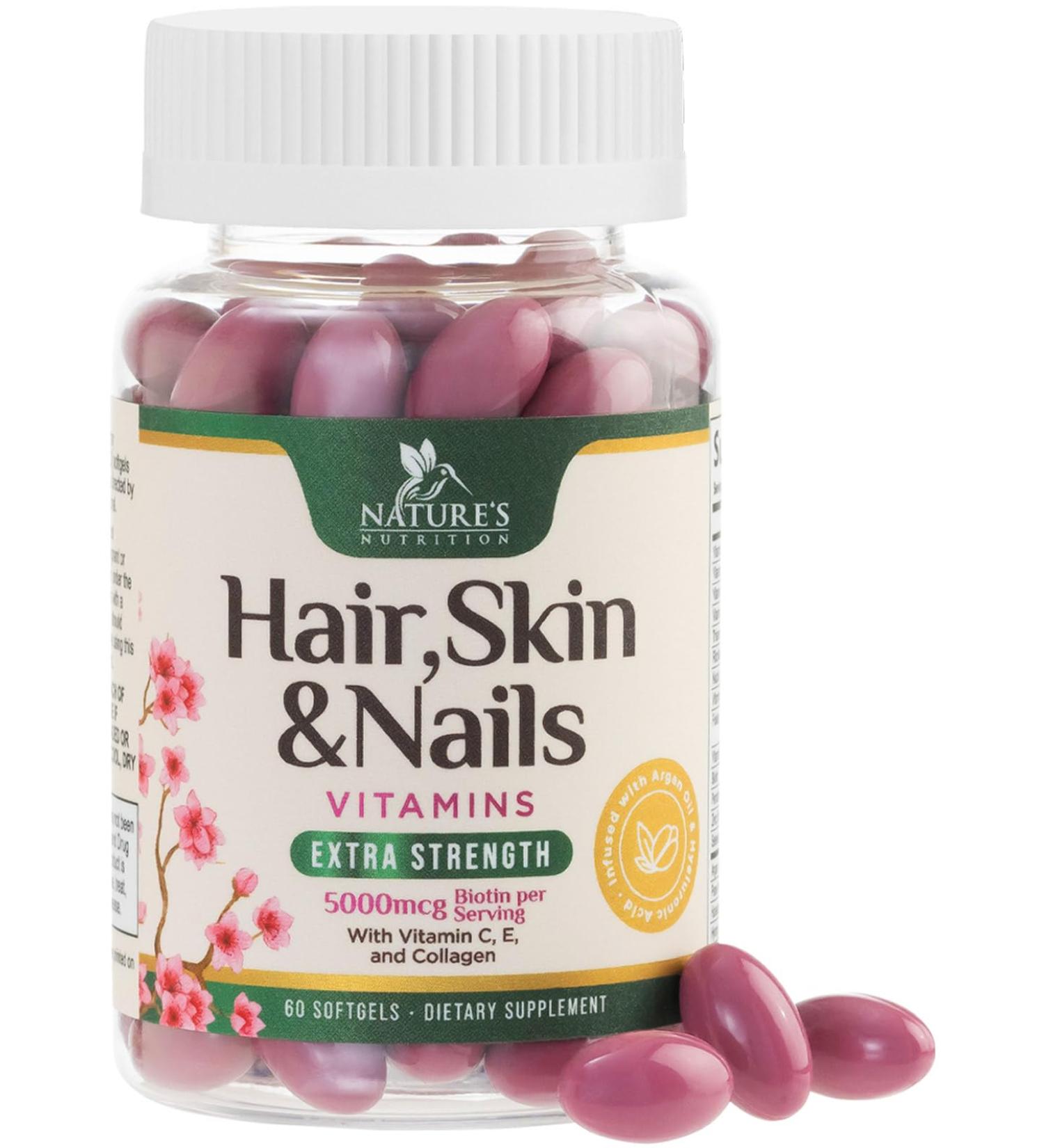 Hair Skin & Nails Vitamins for Women - Biotin 5000mcg to Support Hair Growth with Argan Oil Collagen & Hyaluronic Acid Beautiful Stronger Skin Hair & Nails Vitamin Supplement - 60 Softgels 60 Count (Pack of 1) - Buy Online on GoSupps.com