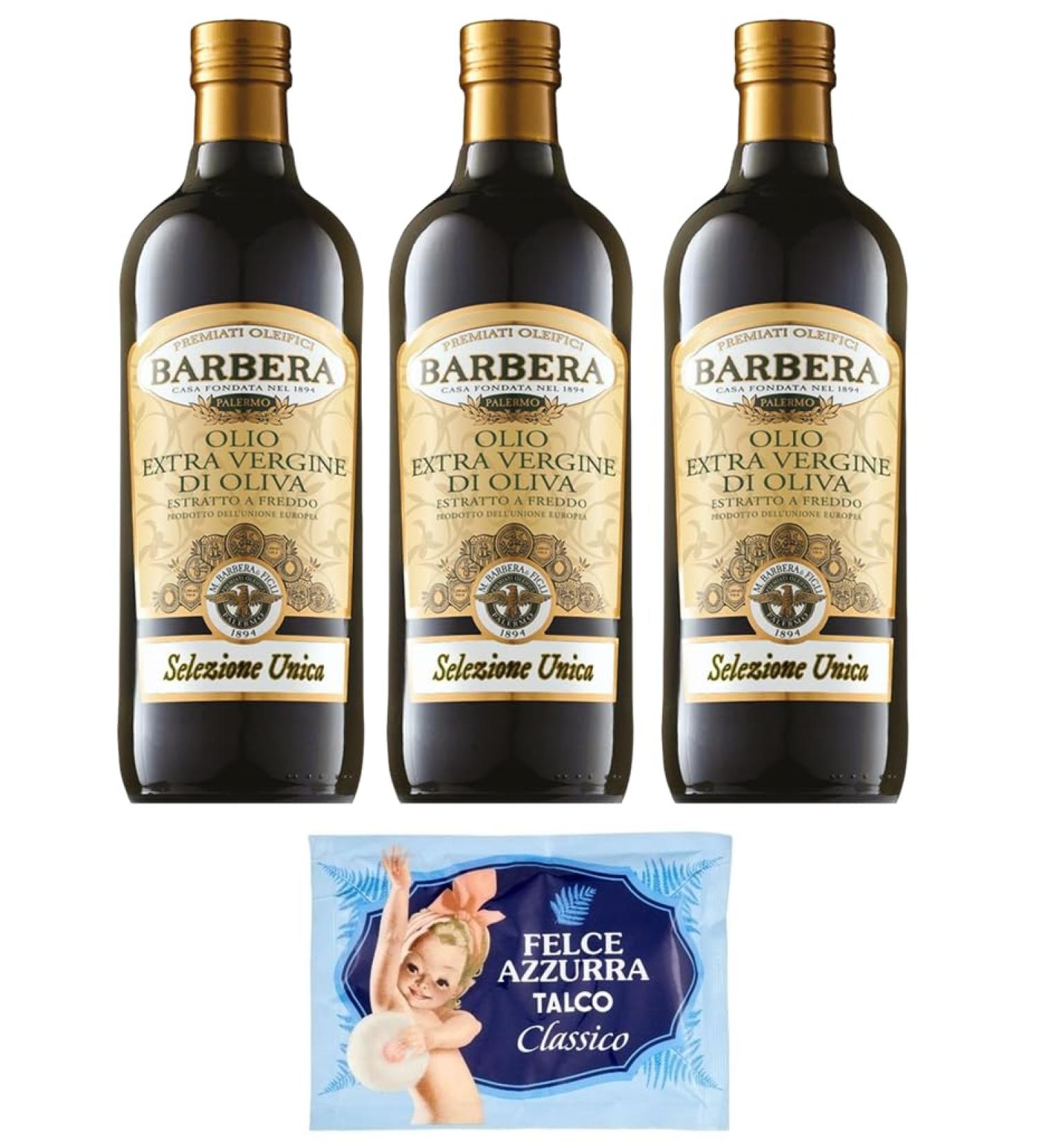 Barbera Selezione Unica Extra Virgin Olive Oil Extra Virgin Olive Oil 1 Liter + 1 x Felce Azzurra Talcum Powder 100g - Buy Online on GoSupps.com