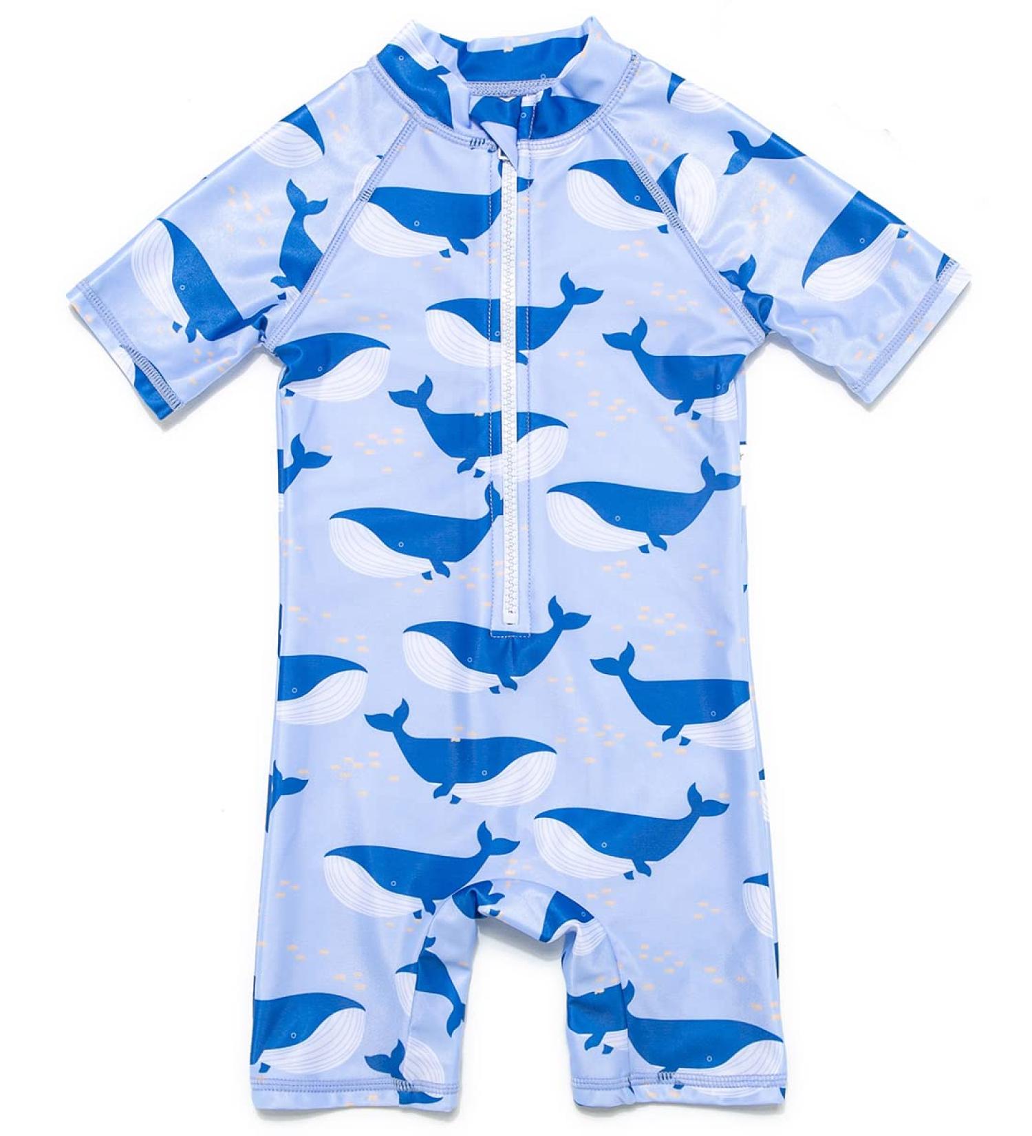 BONVERANO Baby Boys Swimsuit | Short-Sleeve One Piece Swimwear | UPF 50+ Sun Protection | 6-9 Months (Blue Whale) - Buy Online on GoSupps.com