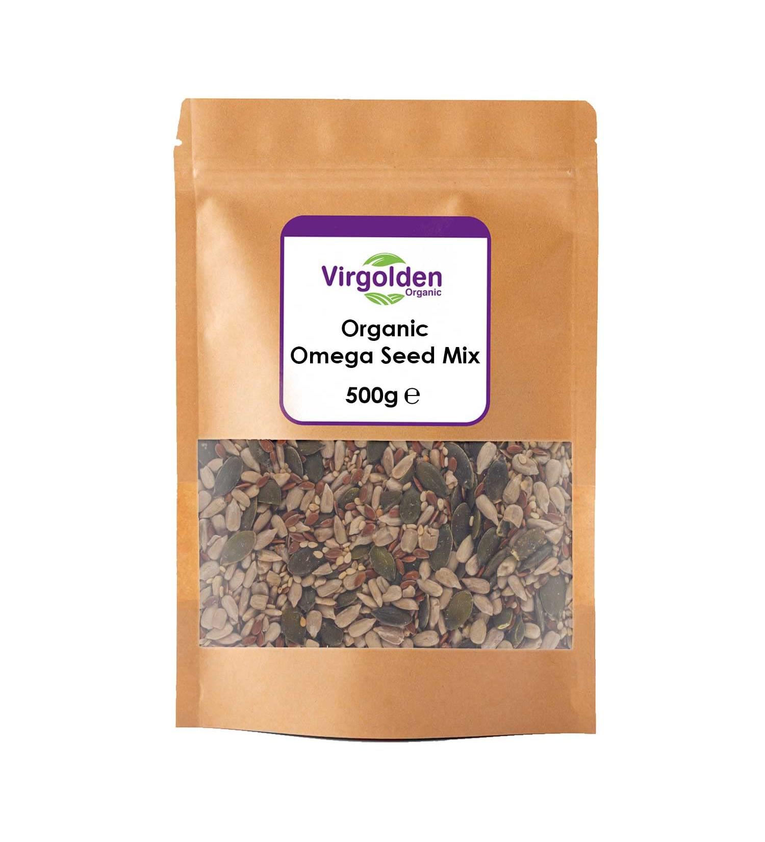 Organic Omega Four Seeds Mix 500g by Virgolden Organic - 4 Seeds Mix with Pumpkin Sunflower Sesame and Flax Whole Raw Seeds Blend Non-GMO Vegan - Buy Online on GoSupps.com