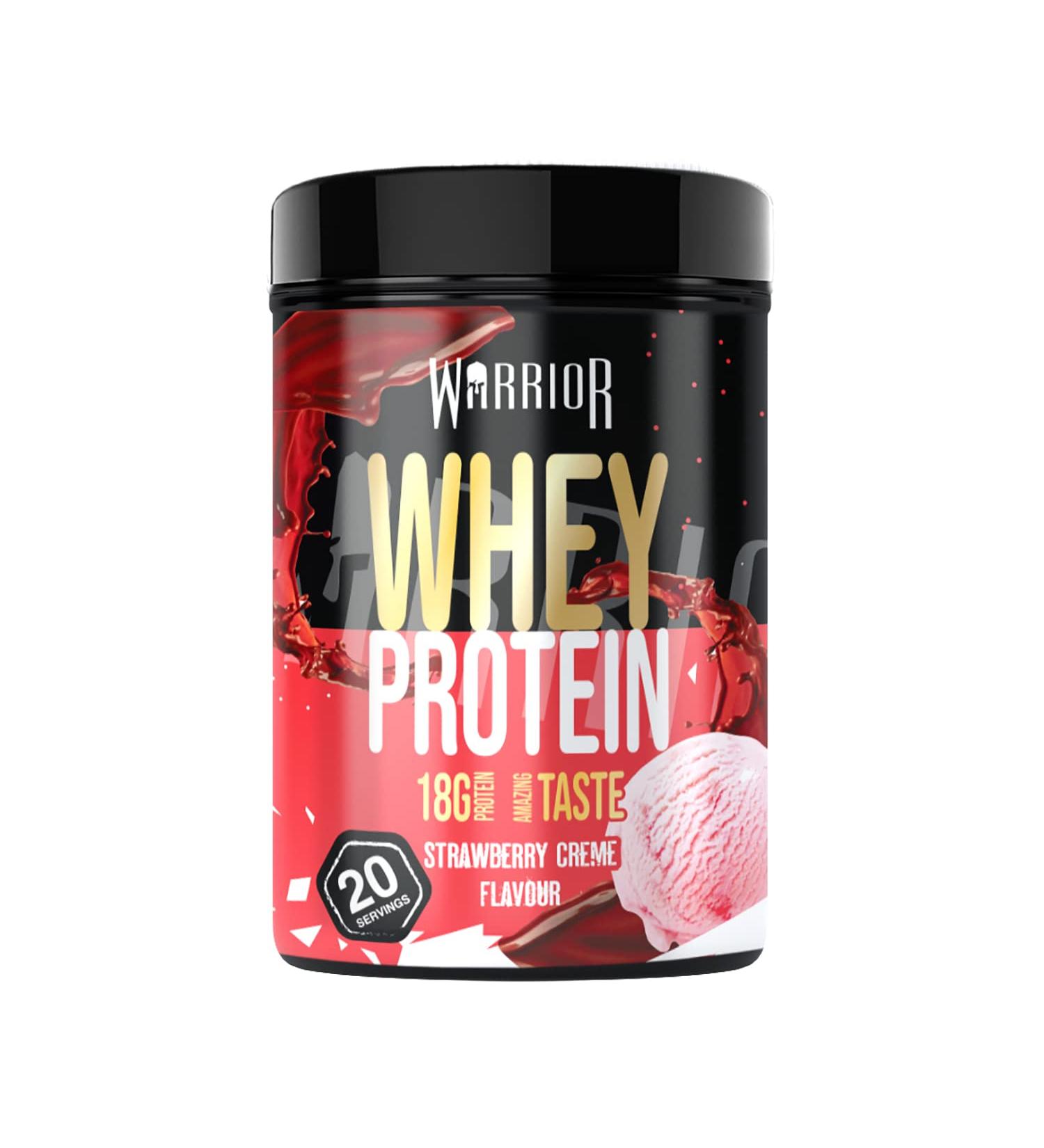 Warrior Whey Protein Powder - 36g Protein, Low Sugar & Carbs, GMP Certified, Strawberry Cr me 500g - Buy Online on GoSupps.com