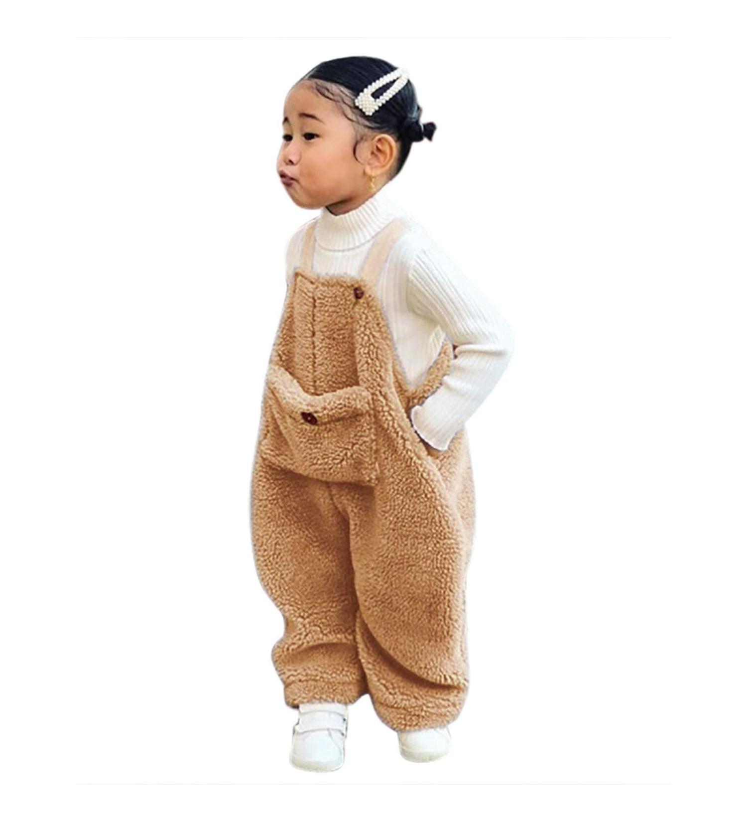 Flannel Winter Kids Suspender Pants | Warm Toddler Overalls for Boys & Girls | Cotton Leggings | Brown | Size 3-4T - Buy Online on GoSupps.com