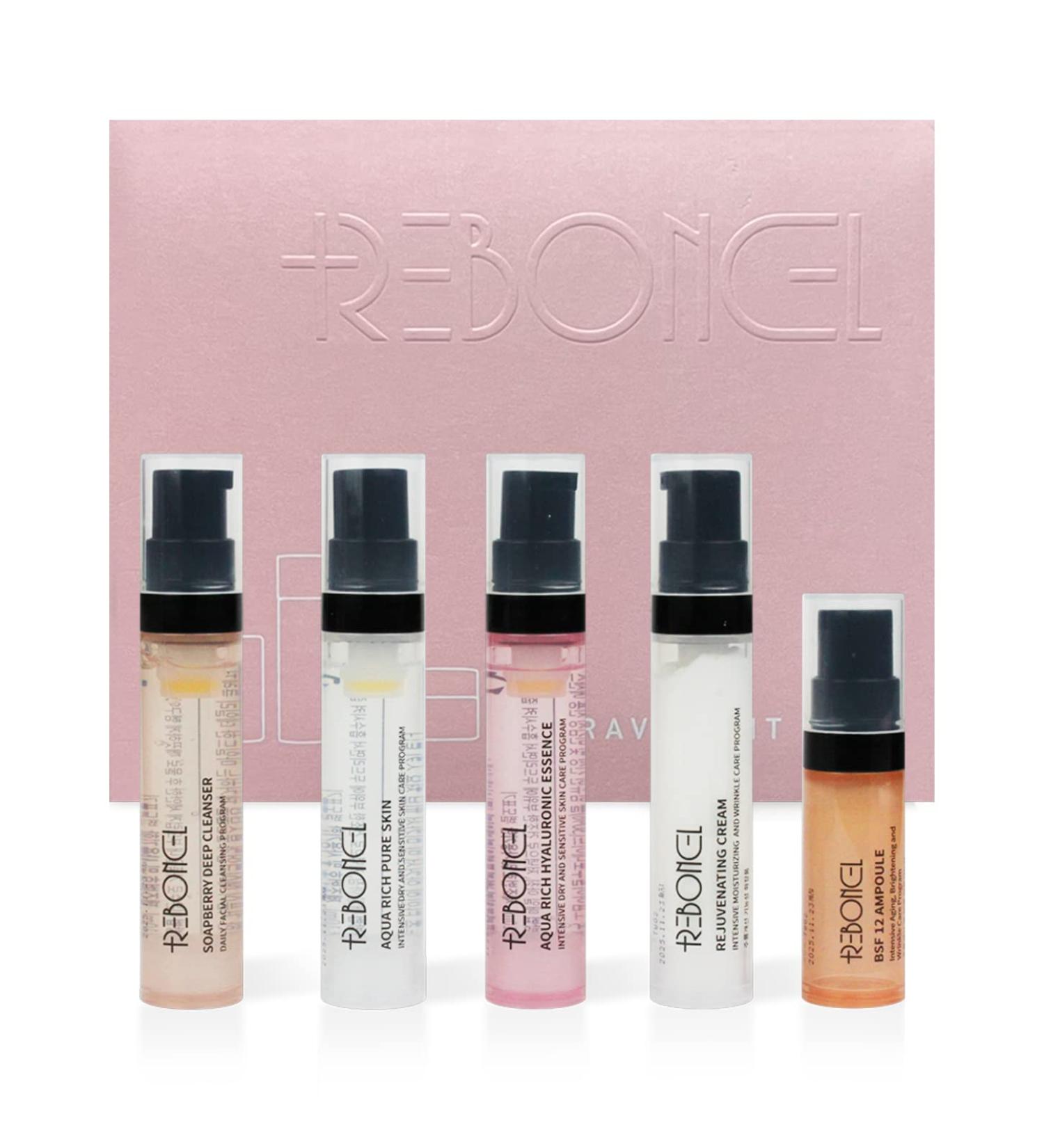 REBONCEL Korean Skin Care Set Travel Kit | TSA Approved Toiletries | Cleanser, Toner, Essence, Cream, Serum | Travel Essentials Gift Set | All-Natural Moisturizing Skincare - Buy Online on GoSupps.com