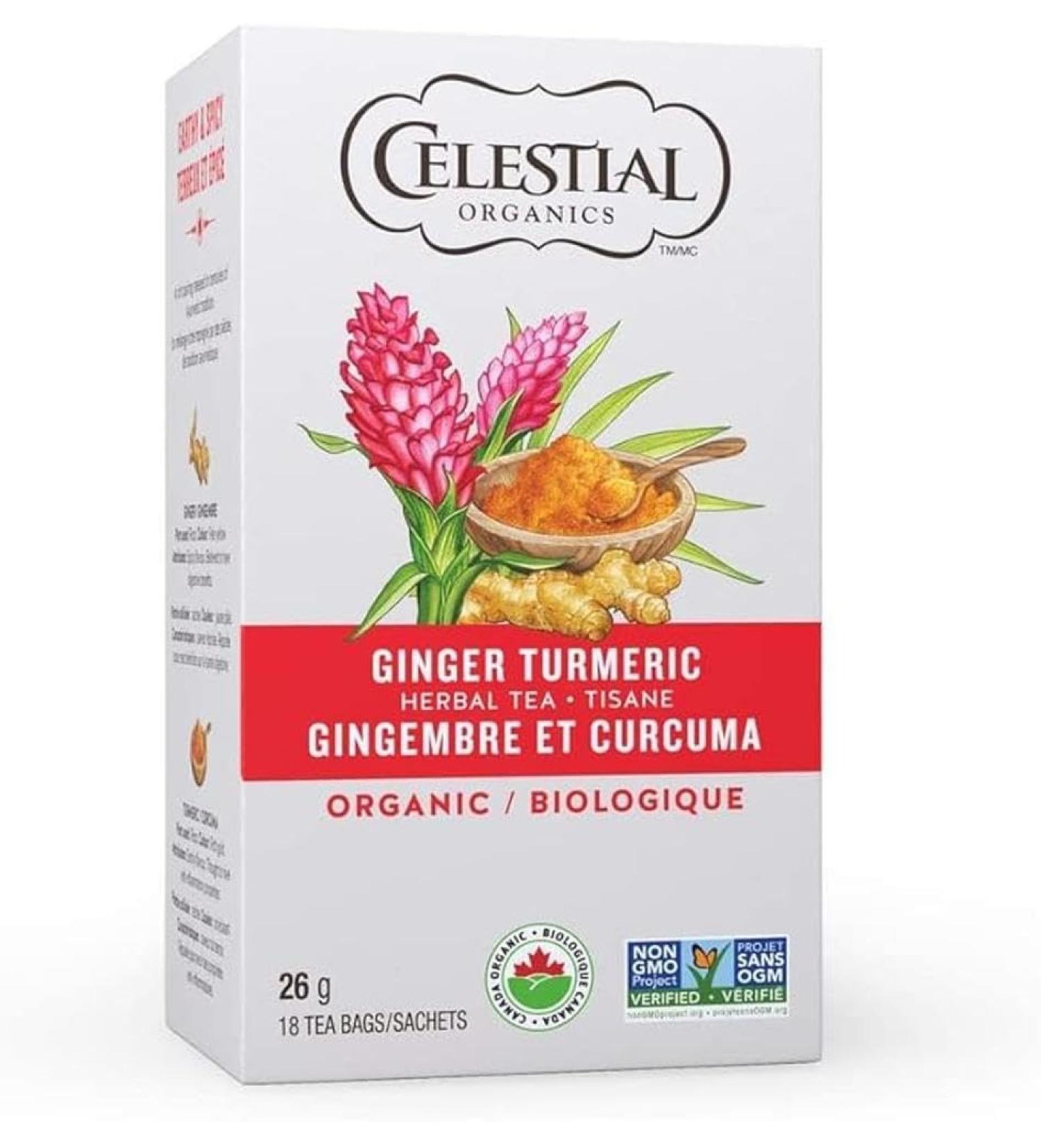 Celestial Seasonings Organic Ginger Turmeric Herbal Tea 18 Count (Pack of 6)