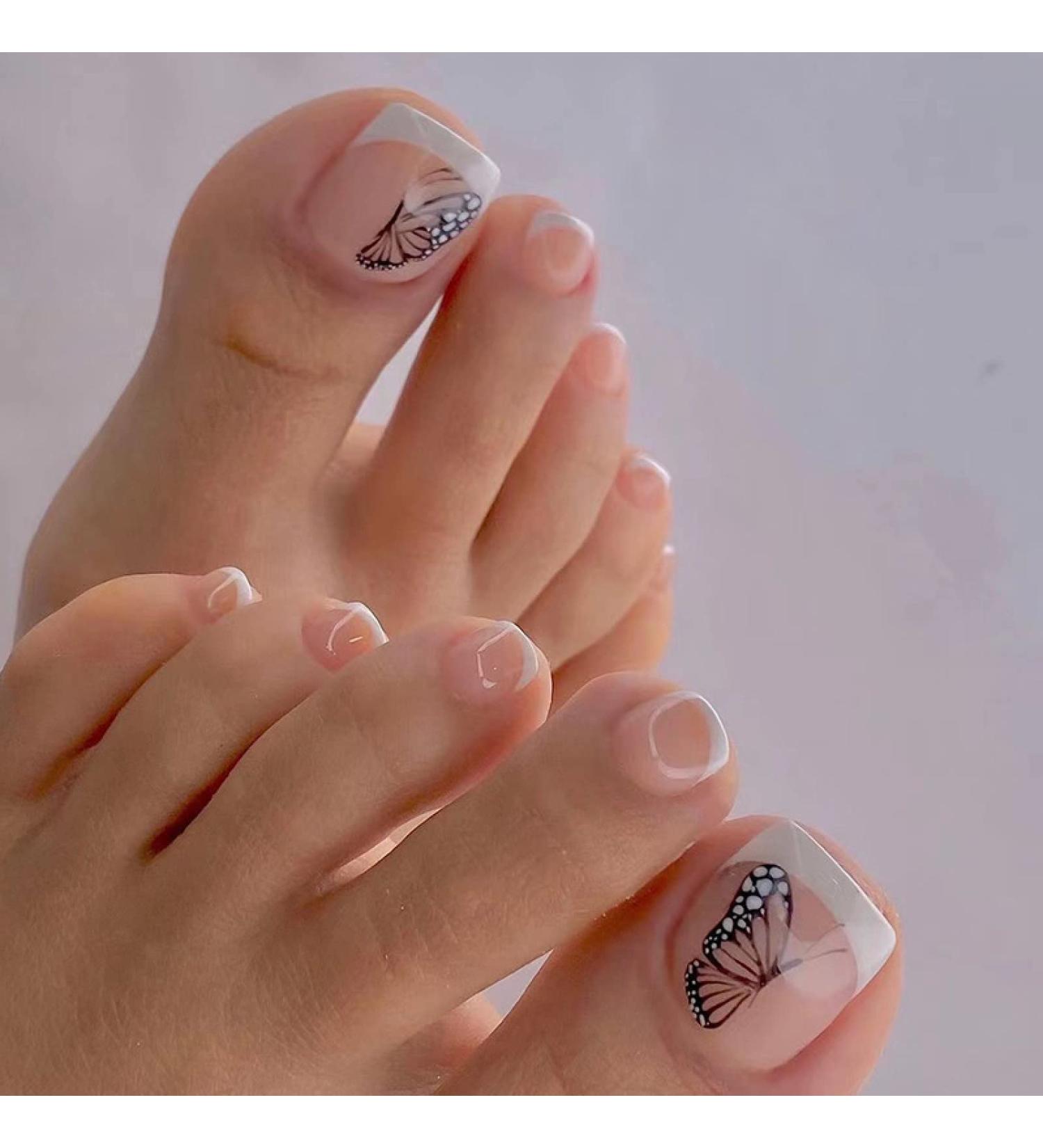 24pcs Detachable Auspicious Cloud Gold Line Blue White Line Wearable Fake Nails Foot Nail Patches Removable for Reuse Toenail LT-70037