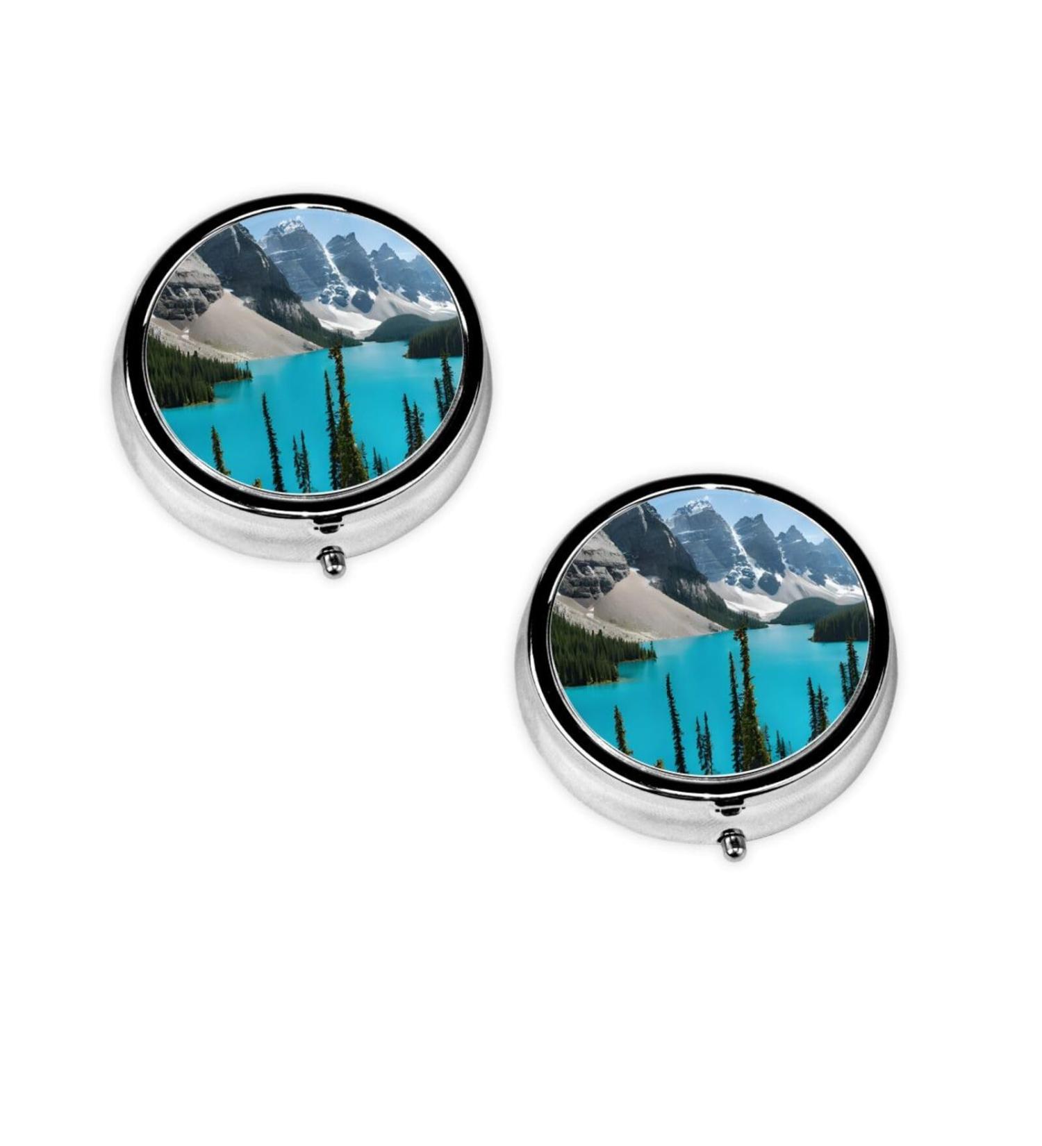 Rocky Mountains Round Pill Box - 3 Compartment Mini Decorative Travel Organizer for Vitamins & Medicine - Portable Purse Pill Case - Buy Online on GoSupps.com