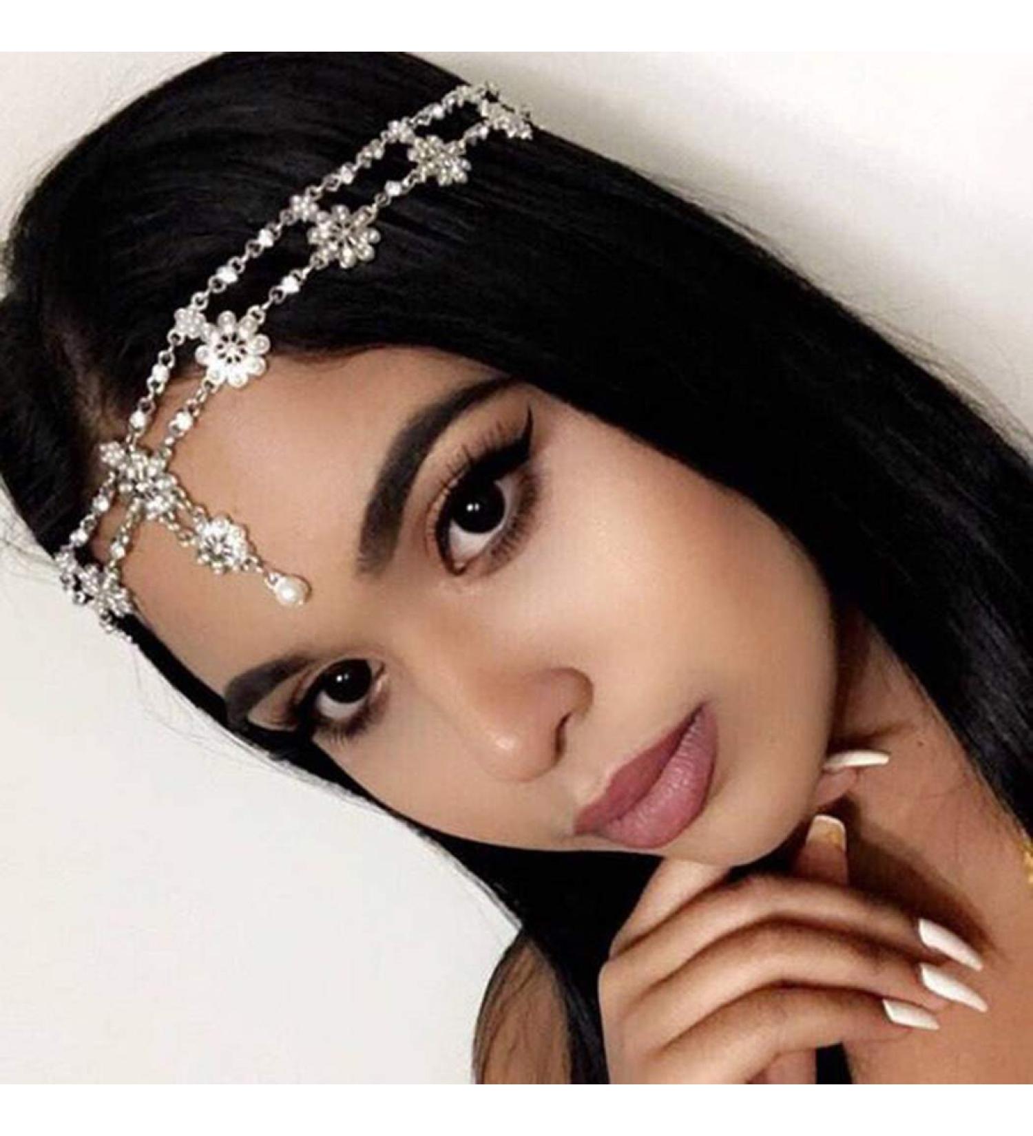Bohemian Floral Headband Hair Jewelry for Women and Girls - Silver Elastic Head Chain - Buy Online on GoSupps.com