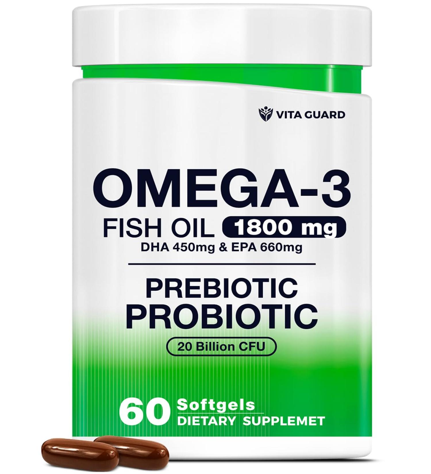 Omega-3 Fish Oil with Prebiotics & Probiotics 1800mg EPA & DHA Supplement for Heart, Brain, and Gut Health 20 Billion CFU, Inulin Fiber, Burpless Lemon-Flavored Softgels - Buy Online on GoSupps.com