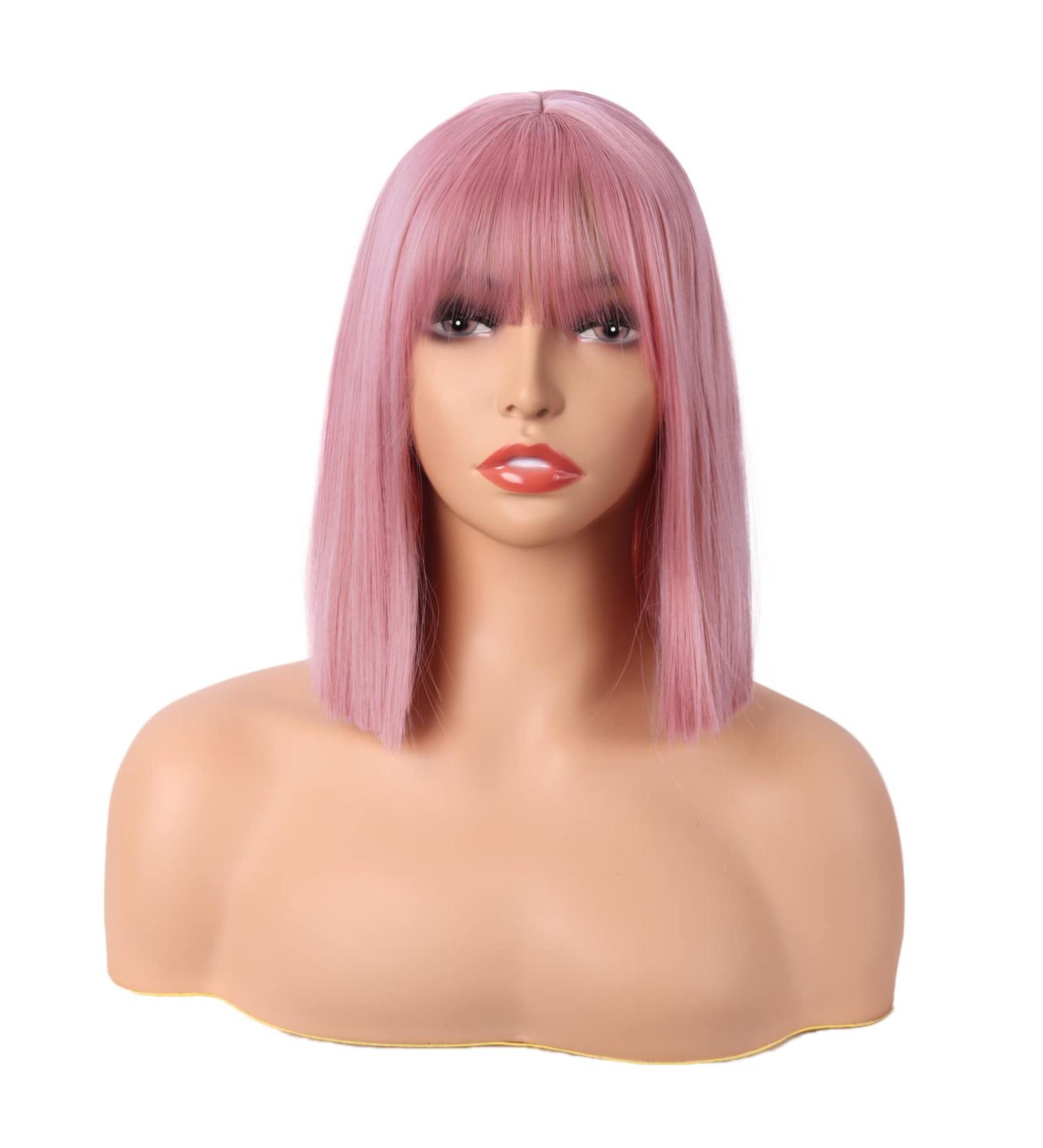 MapofBeauty 12 Inch/30 cm Straight Bob Flat Bangs Short Colorful Synthetic Hair Cosplay Party Wig (Rouge Pink) - Buy Online on GoSupps.com