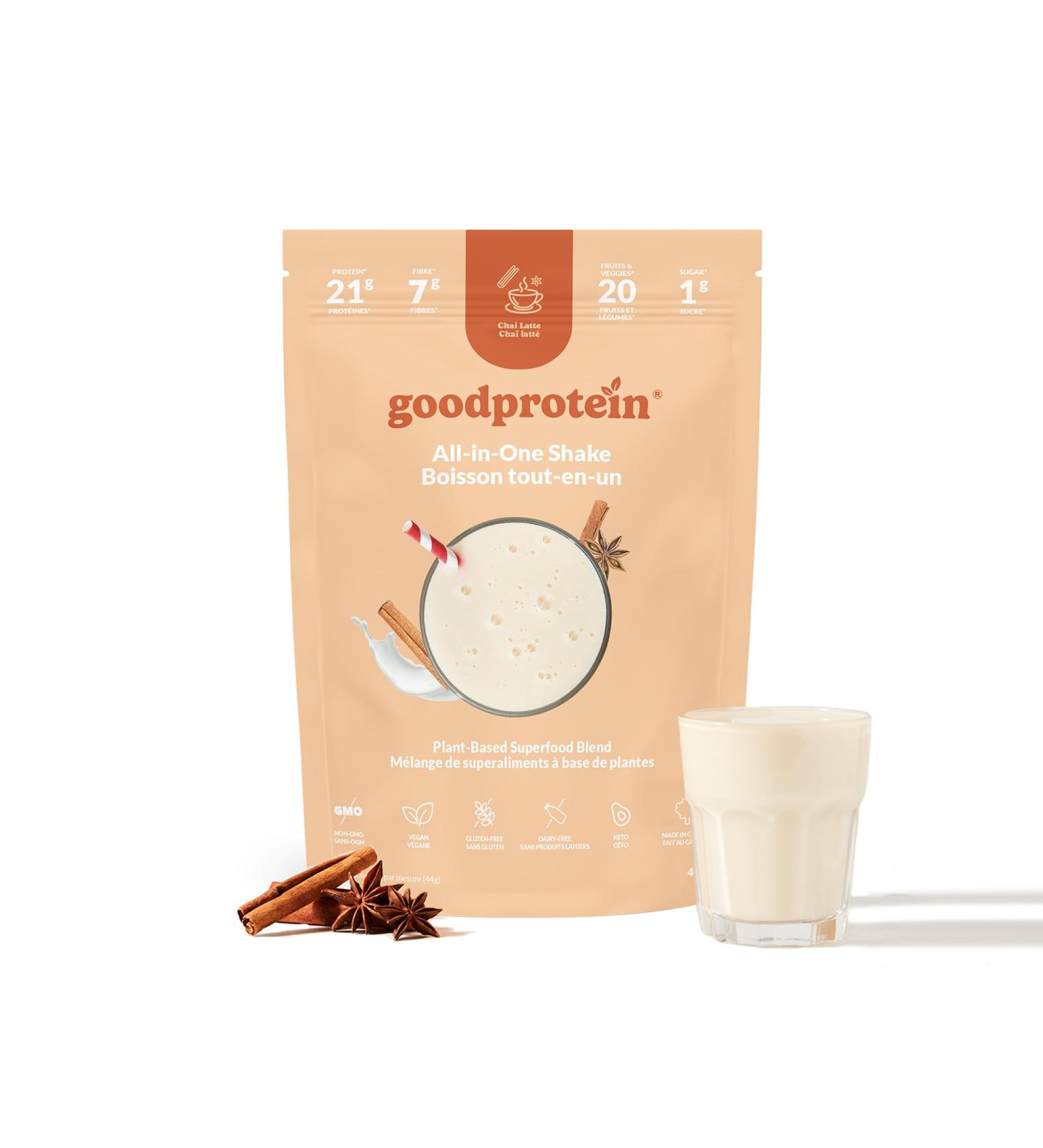 Good Protein Vegan Plant-based Protein Powder 100% Natural Non-GMO Dairy-free Gluten-free Soy-free No Added Sugar and Nothing Artificial. Chai Latte All-in-One Shake 440 grams Chai Latte 440 g - Buy Online on GoSupps.com