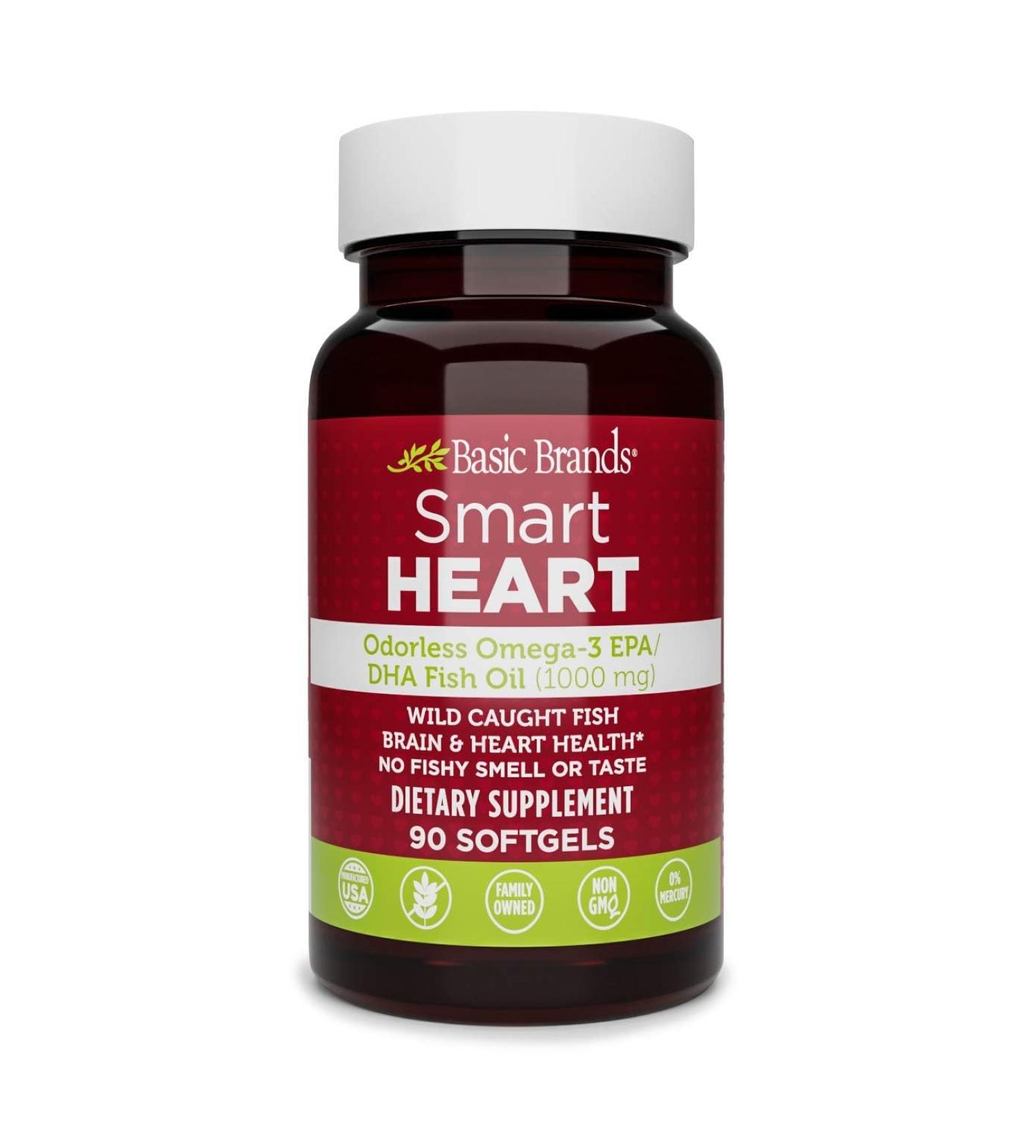Basic Brands Smart Heart Odorless Omega-3 Fish Oil, Burp-Less, No Fishy Smell, 1000 mg, 90 Count - Buy Online on GoSupps.com