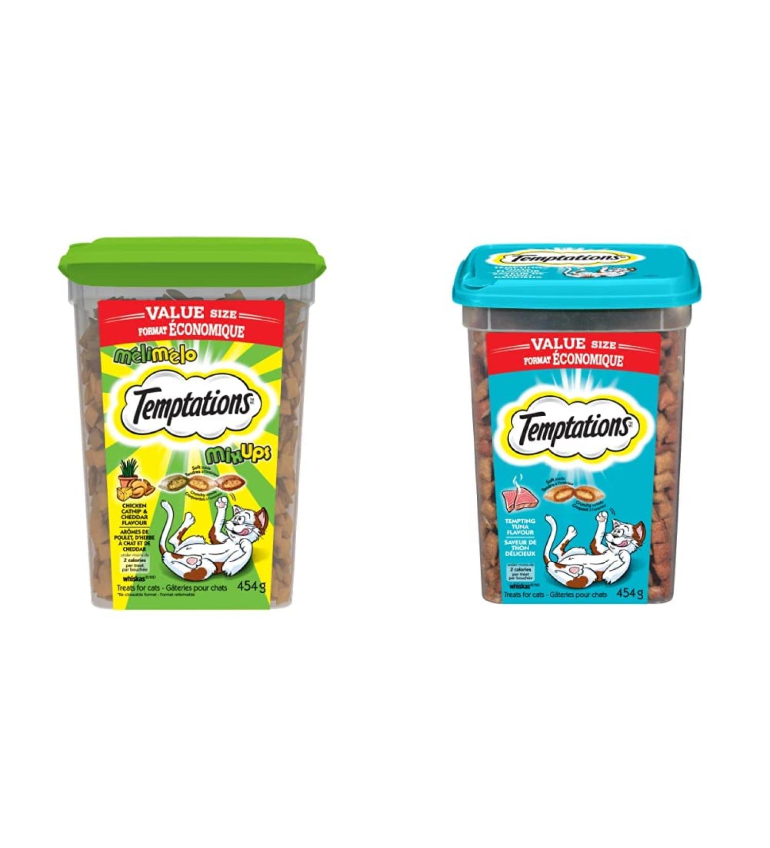 TEMPTATIONS Mix-Ups Adult Cat Treats (Chicken Catnip & Cheddar Flavour) + TEMPTATIONS Adult Cat Treats Tempting Tuna Flavour | 454g Tubs