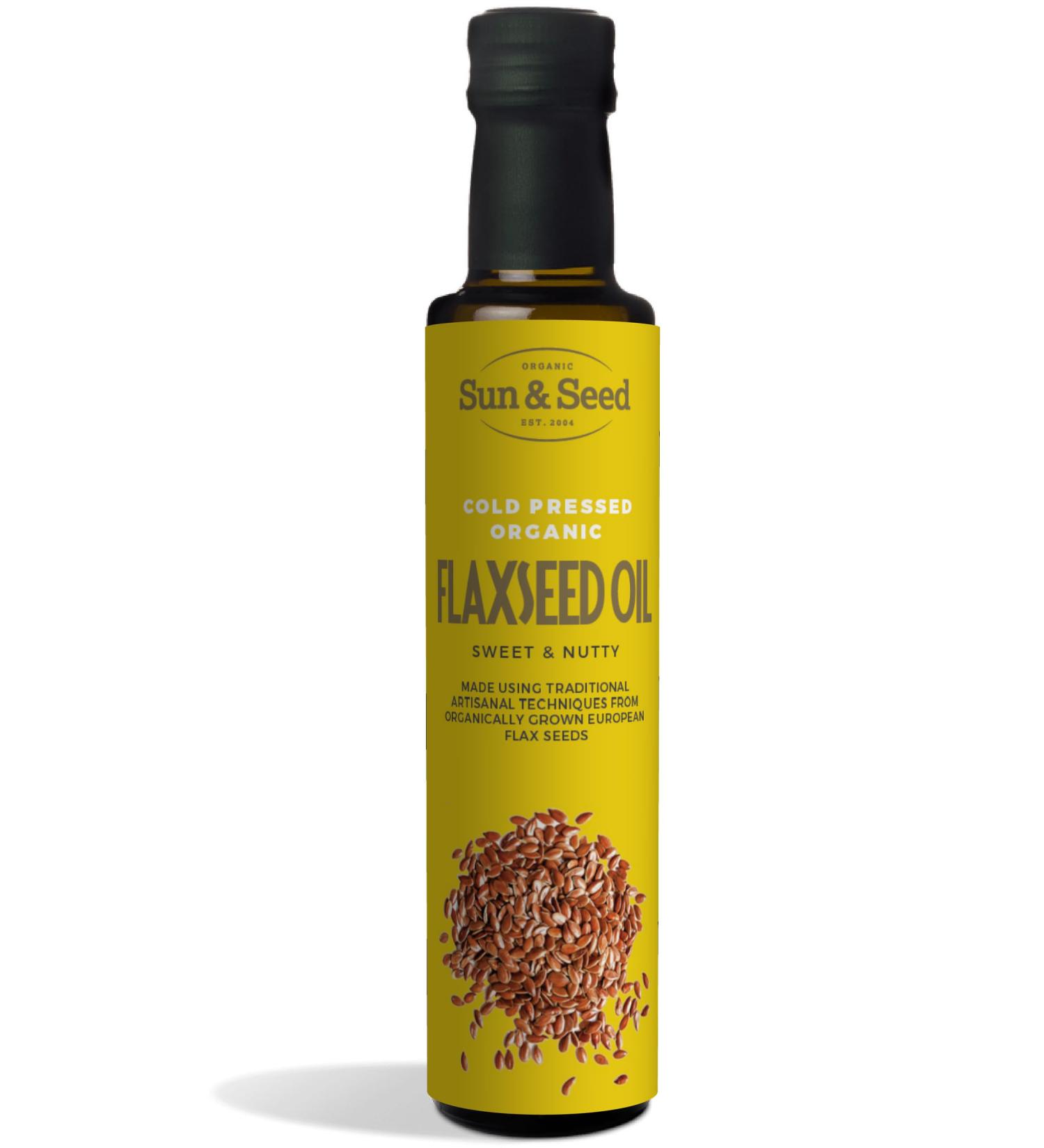 Organic Flax Seed Oil (Cold Pressed) by Sun & Seed - 250ml - Made from 100% Organic Flax Seeds - Great Source of Omega-3 - Vegan Friendly - Pure & Refined - Buy Online on GoSupps.com