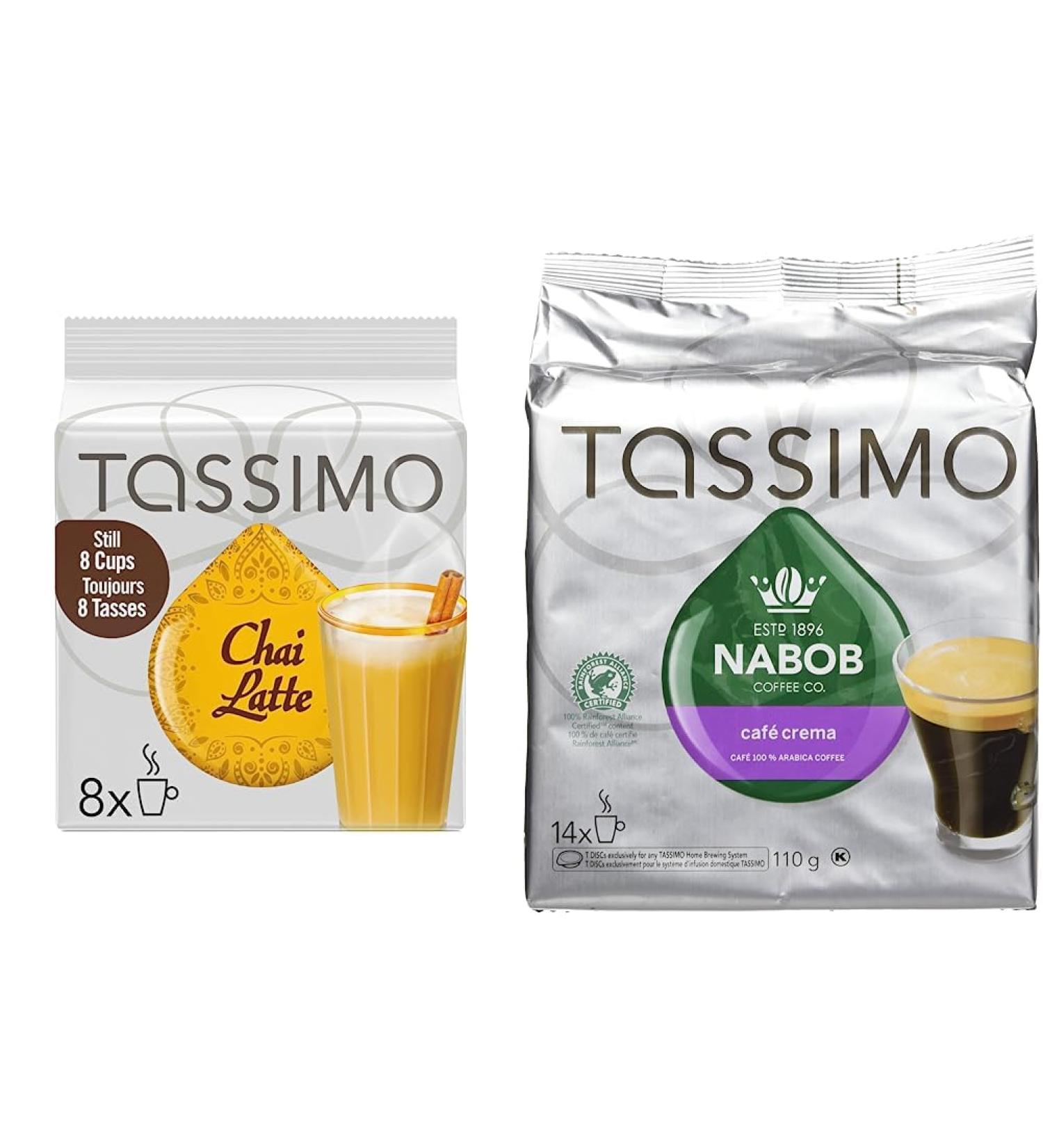 Tassimo Chai Tea Latte Single Serve T-Discs 180g & Nabob Caf Crema Coffee Single Serve T-Discs 110g