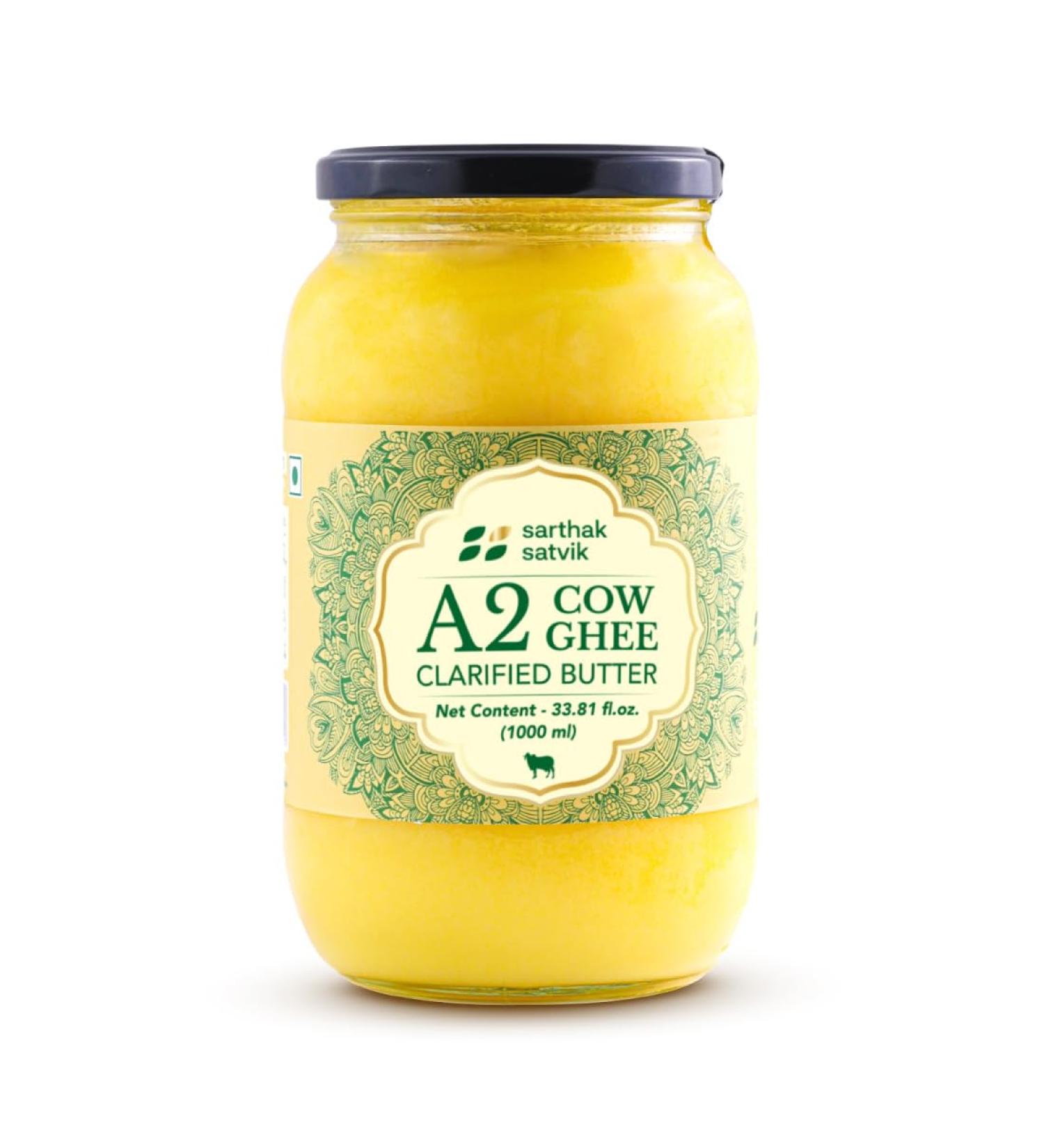 Sarthak Satvik A2 Cow Ghee - Organic Free Grazing Pure Desi Ghee | Traditional Bilona Method | Boosts Immunity & Bone Strength - 33 Oz - Buy Online on GoSupps.com