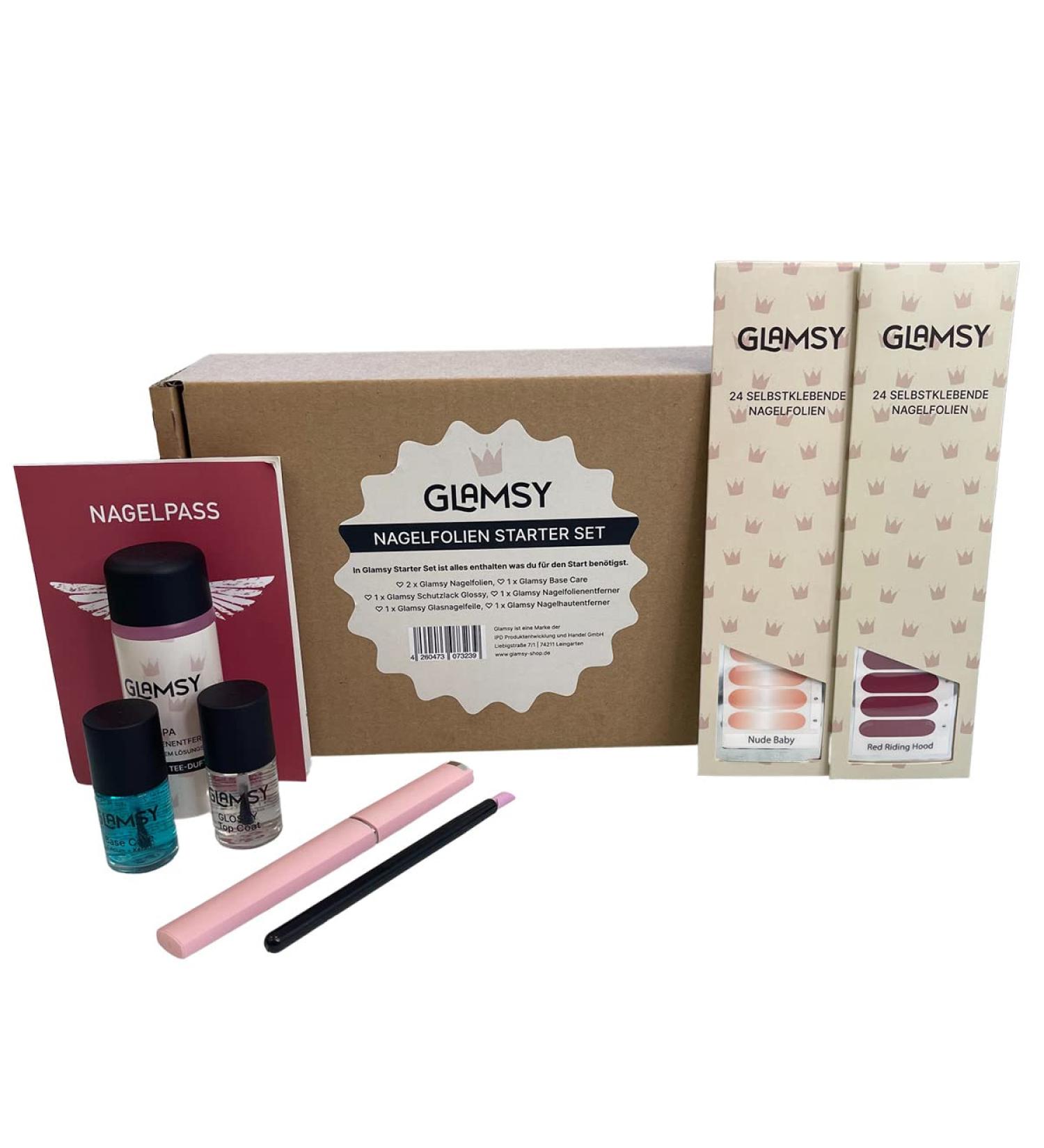 GLAMSY Nail Foils Starter Set - Self-Adhesive Foils (Golden Princess & White Wish) with Protection Varnish Remover Glass File & Nail Skin Care - Buy Online on GoSupps.com