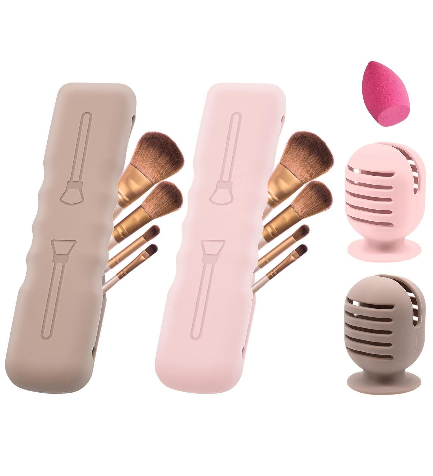 4-Pack Silicone Makeup Brush Holder & Travel Case | Portable Suctioned Drying Stand & Magnetic Organizer | Beauty Blender & Brushes Covers | Pink Khaki - Buy Online on GoSupps.com