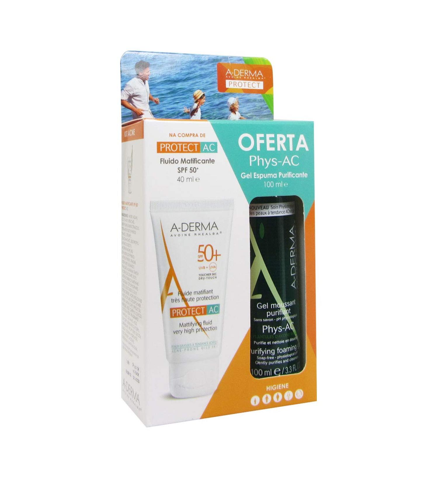 A-derma Pack Protect-ac Fluid Spf50 + 40ml + Phys-ac Foam Gel 100ml