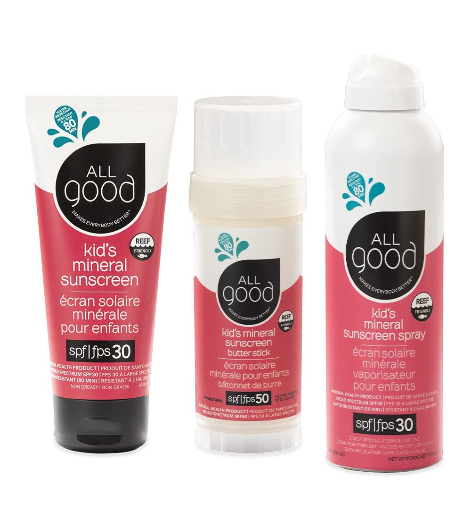 All Good Baby & Kids Mineral Sunscreen - SPF 50 Butter Stick & SPF 30 Lotion/Spray - UVA/UVB Protection Coral Reef Friendly Water Resistant - Buy Online on GoSupps.com