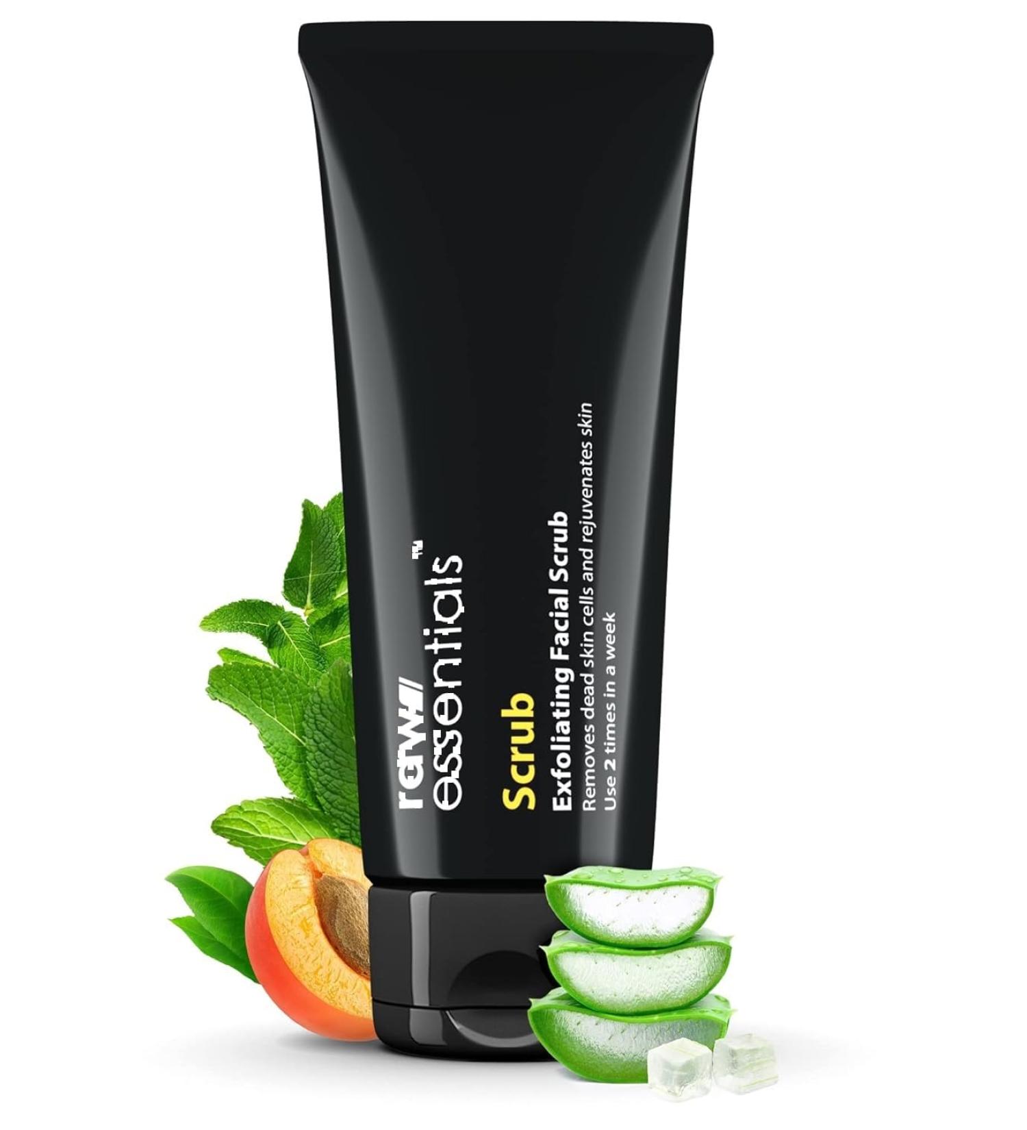 Ra w Esse ntials Scrub Exfoliating Face Scrub 100g Apricot Granules With Natural Aloevera Liquid & Menthol Cooling - Buy Online on GoSupps.com