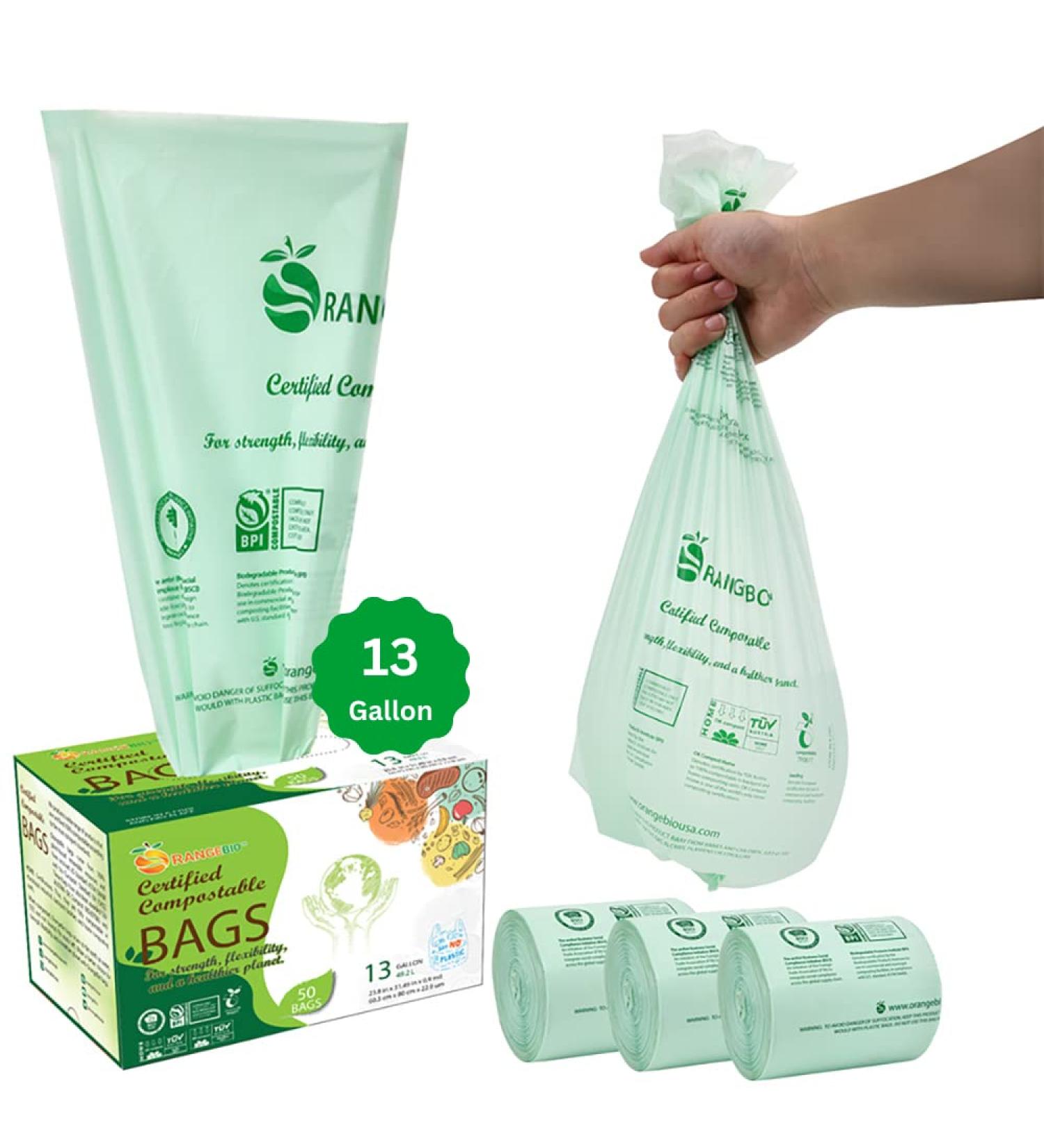 OrangeBio 13 Gallon Compostable Trash Bags - 50 Count, 0.9 Mil, Kitchen Compost Bags - US BPI & Europe OK Compost Home Certified - Buy Online on GoSupps.com