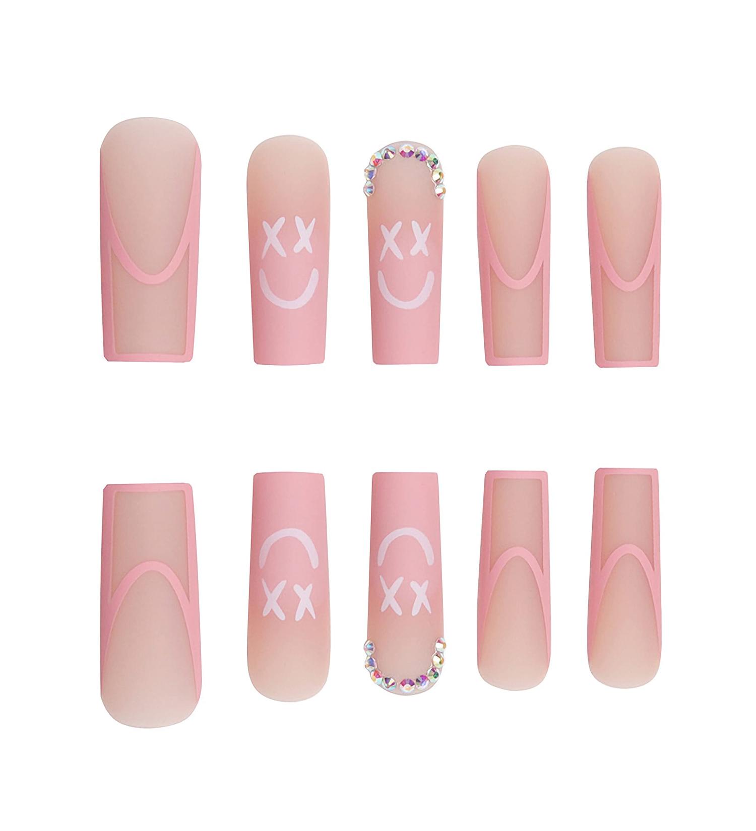 Smiling Face Pink Coffin Press-On Nails with Rhinestones - Long Square Fake Nails for Women & Girls - Buy Online on GoSupps.com
