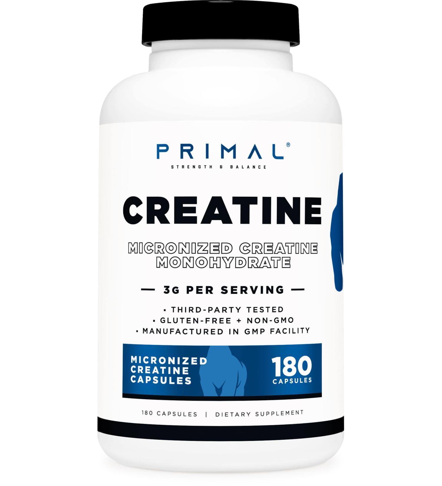 Primal Creatine Monohydrate 3000mg - Micronized Supplement (180 Caps) for Preworkout & Recovery | Gluten-Free & Non-GMO - Buy Online on GoSupps.com