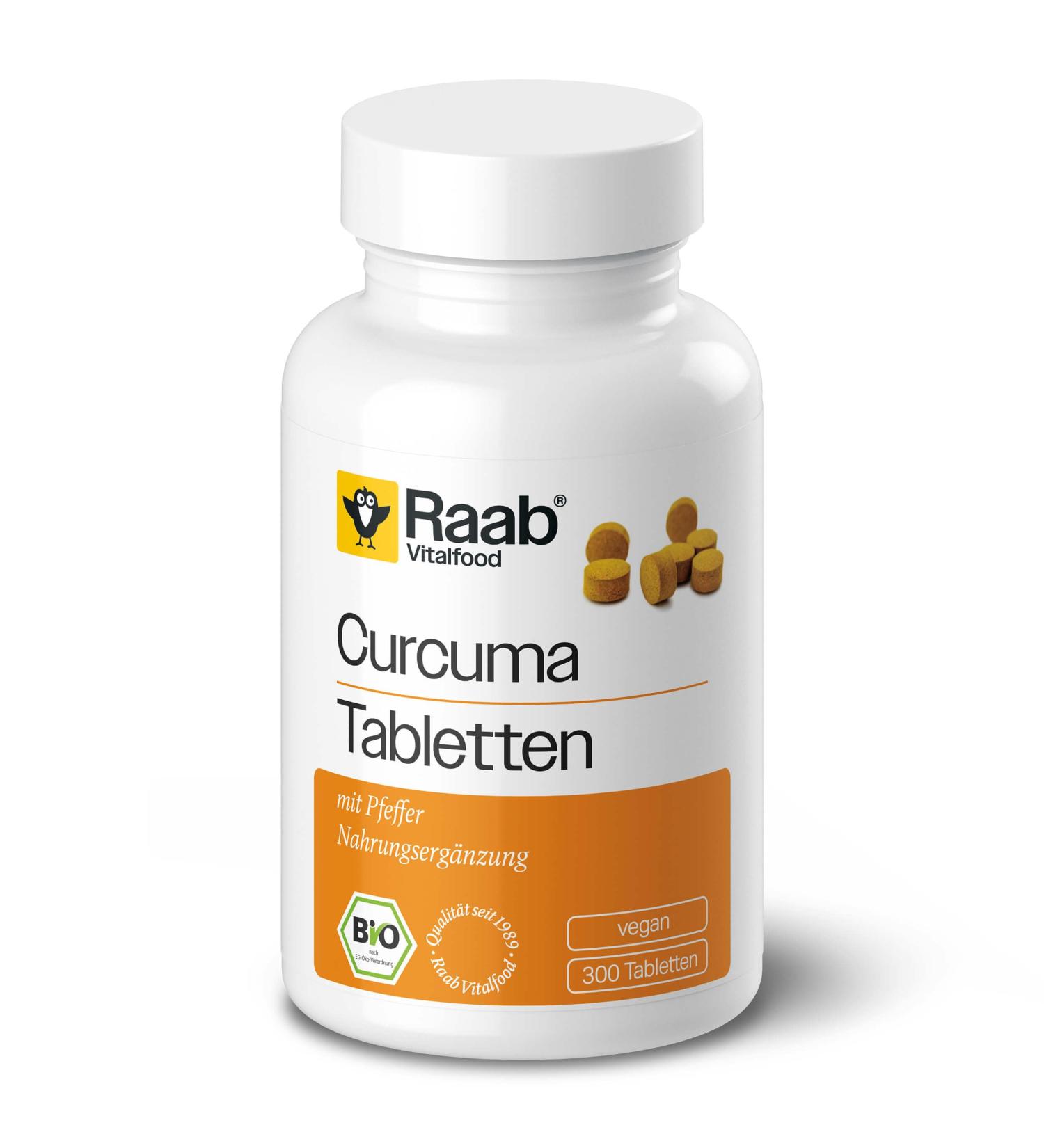 Raab Vitalfood Bio Curcuma Tablets with Piperine made of pepper (300 pieces) I Curcumin content: 3900mg / 100g piperin content: (110mg / 100g) i laboratory tests quality vegan & gluten-free